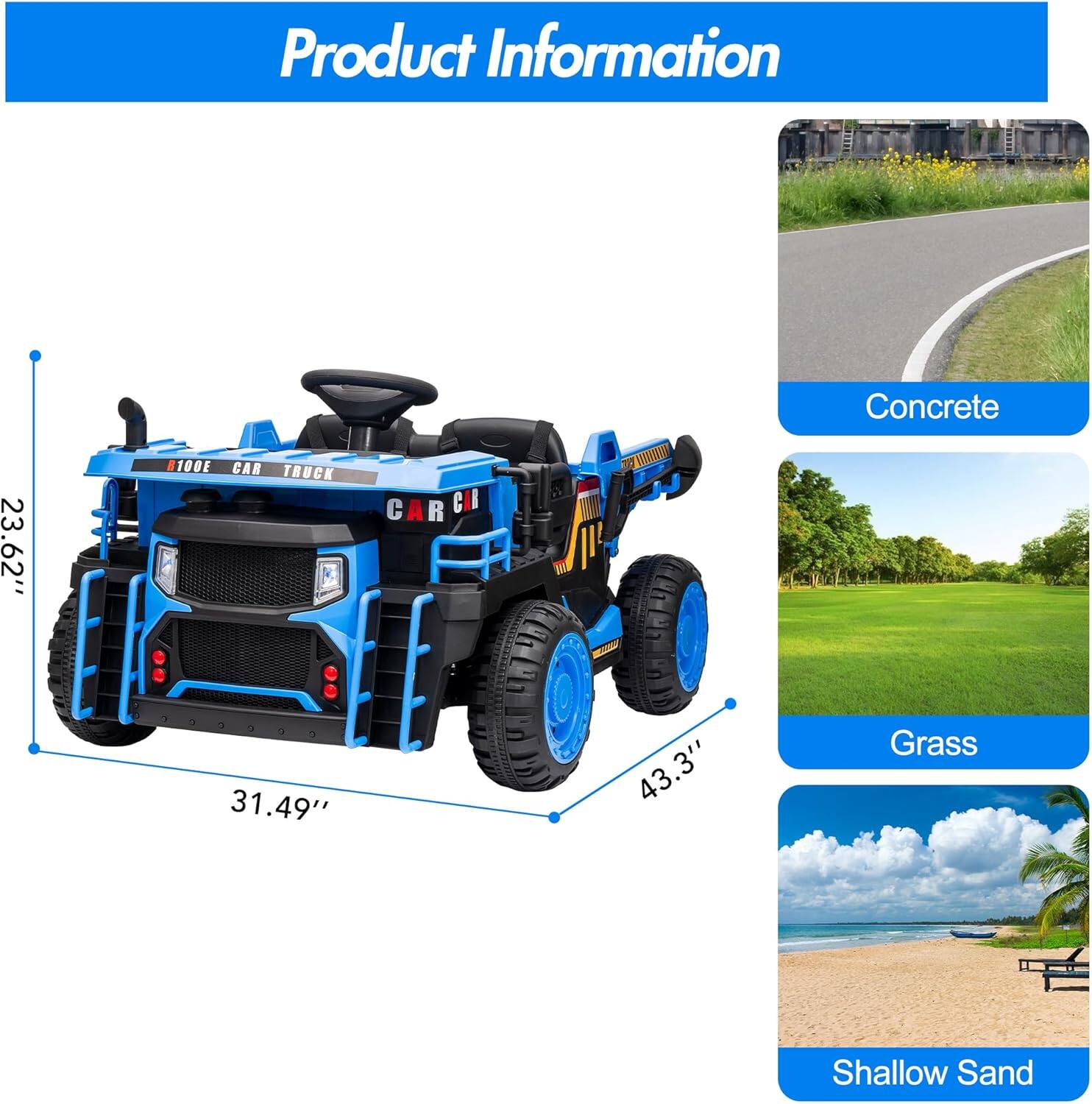 Product Information

- 23.62" B100F CAR TRUCK
- 31.49" U S
- 43.3" Grass
- Shallow Sand

Concrete
Grass
Shallow Sand