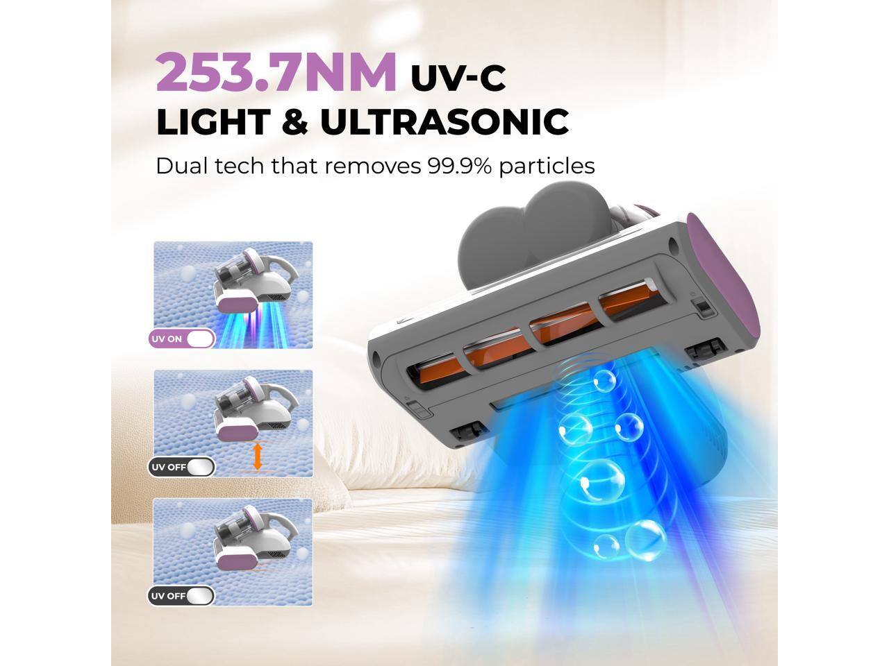 253.7NM UV-C LIGHT & ULTRASONIC

Dual tech that removes 99.9% particles

UV ON  
UV OFF  
UV OFF