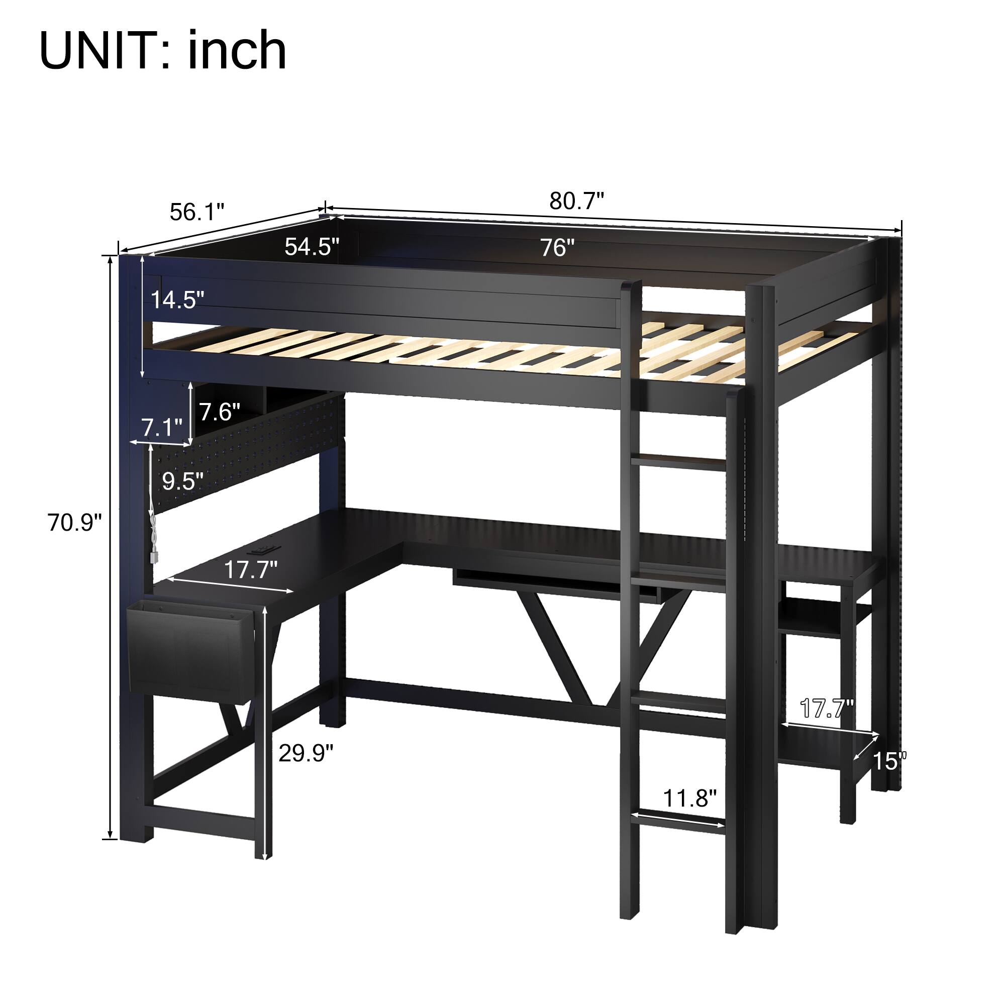 UNIT: inch

56.1"  
54.5"  
80.7"  
76"  
14.5"  
7.6"  
7.1"  
9.5"  
70.9"  
17.7"  
17.7"  
29.9"  
11.8"  
15"
