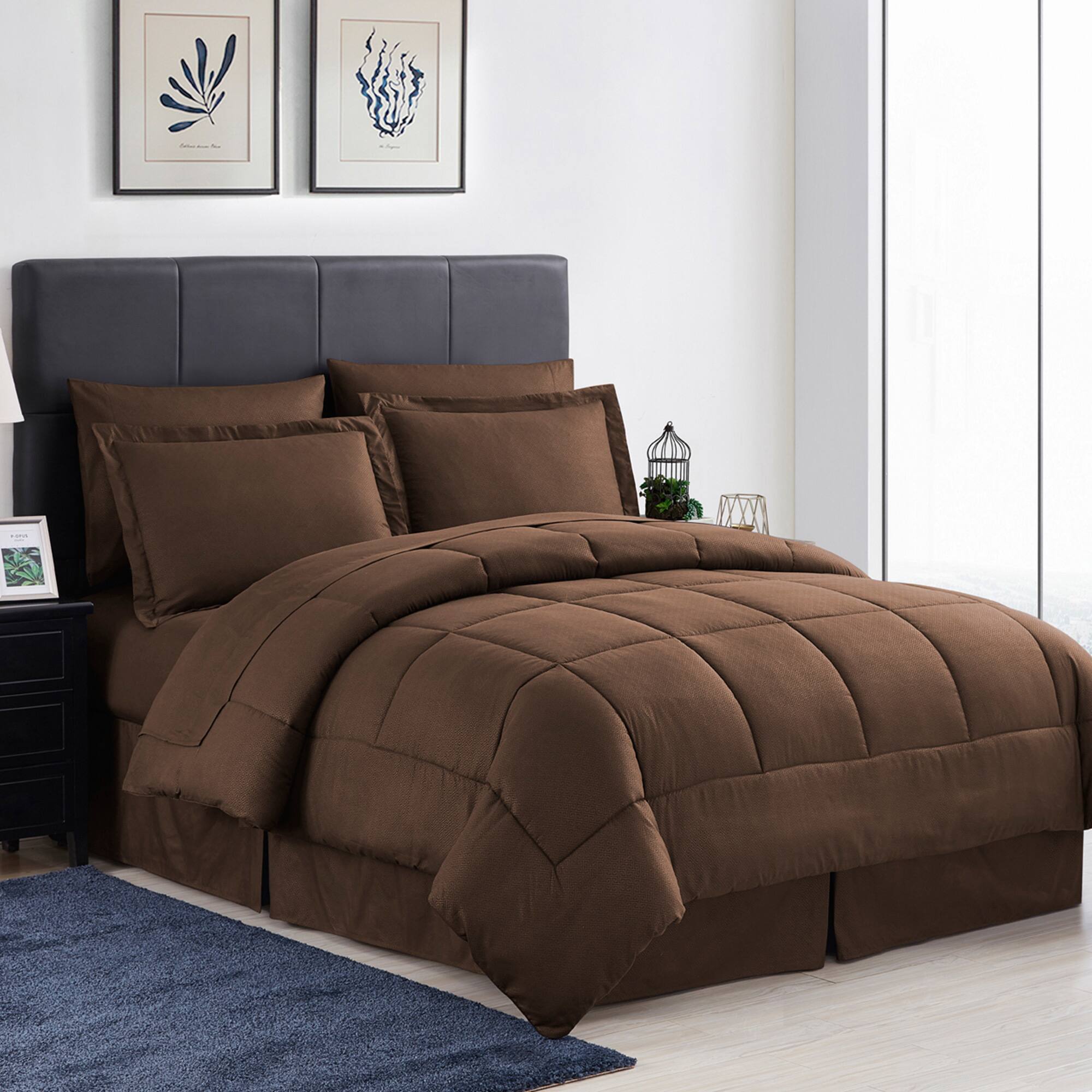 Front. Sweet Home Collection - 8 Piece Embossed Greek Key Bed in a Bag All Season Complete Set with Sheets - Queen - Chocolate.