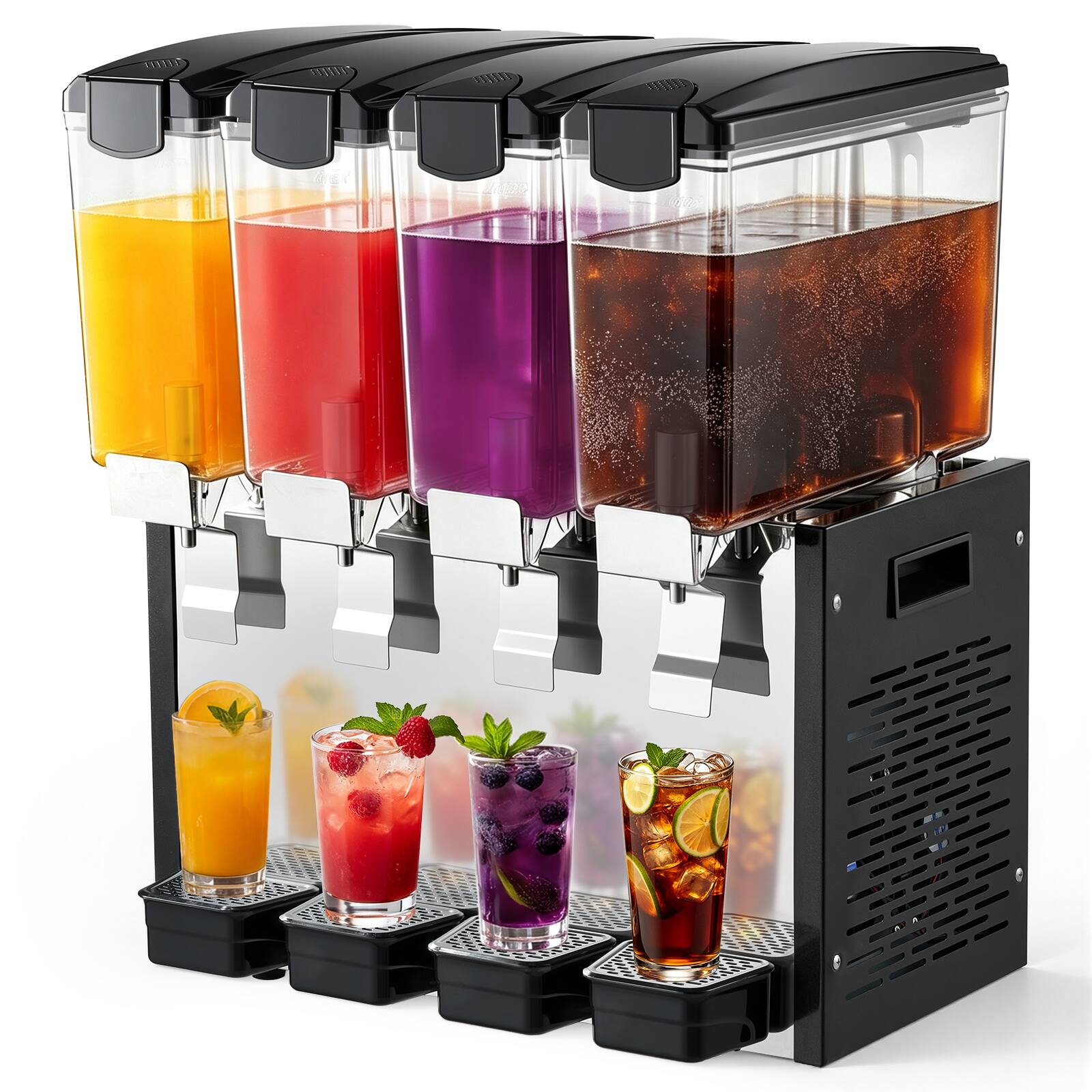 Front. VEVOR - Commercial Beverage Dispenser 4 Tanks 10 L / 10.6 QT Per Tank, Stainless Steel Juice Dispenser, Ice Tea Drink Machine - Black;Silver.
