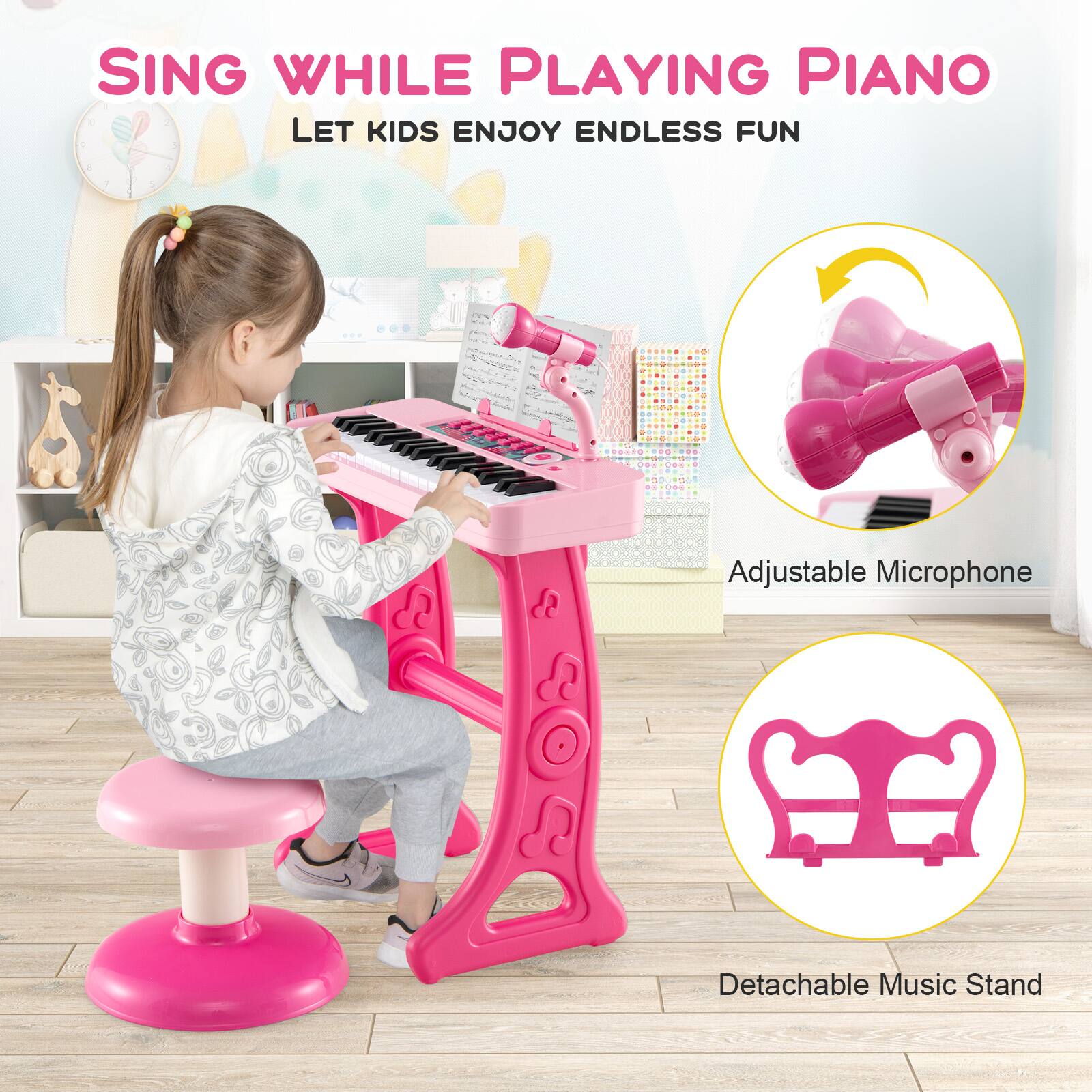 Sing While Playing Piano: Let Kids Enjoy Endless Fun. Adjustable Microphone. Detachable Music Stand.