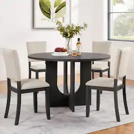 LUCKY ONE - 5-Piece Dining Set with 47.3" Round Dining Table and 4 Upholstered Chairs - Antique Black,Beige