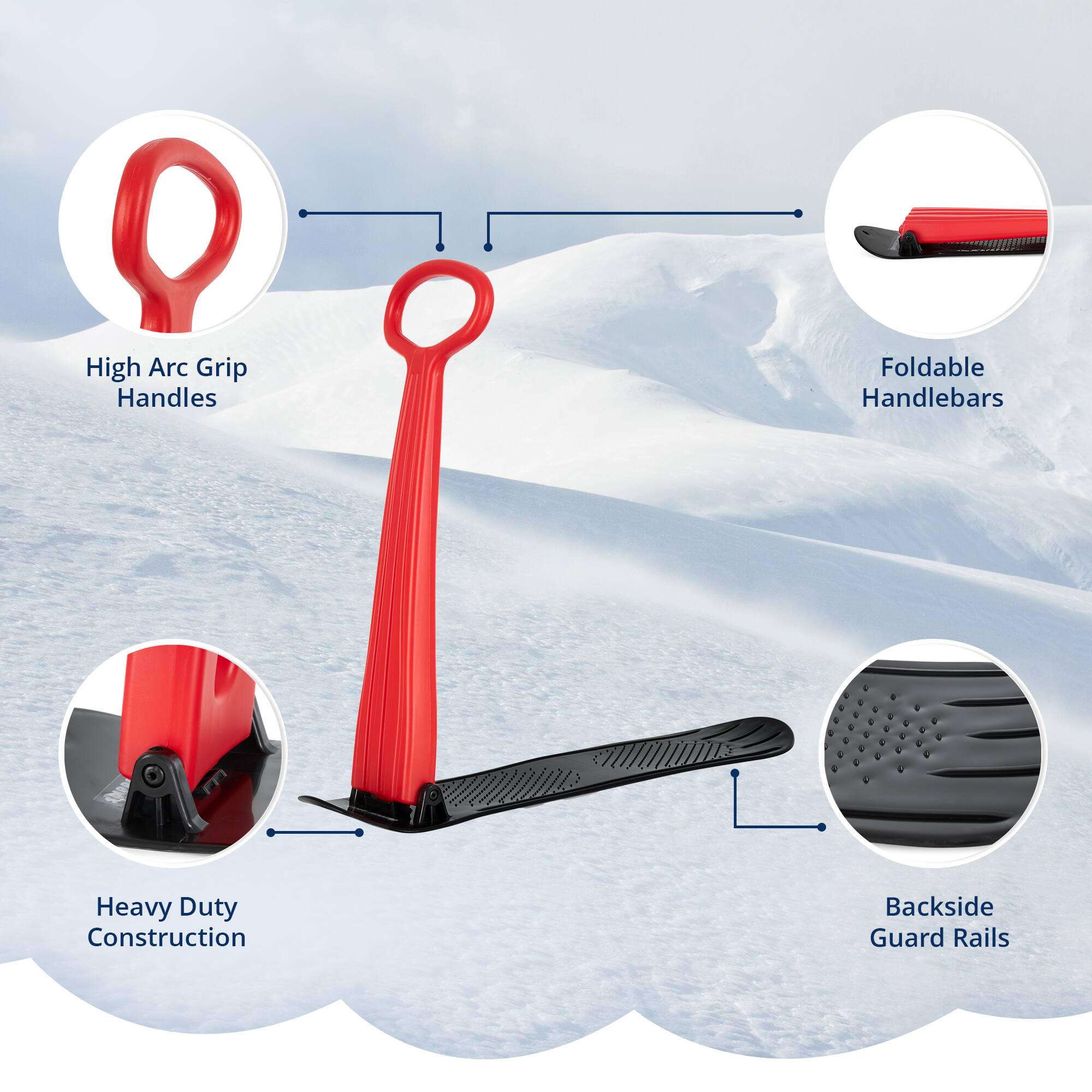 High Arc Grip Handles  
Foldable Handlebars  
Heavy Duty Construction  
Backside Guard Rails