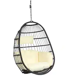 Sunnydaze - Black Resin Wicker Hanging Egg Chair with Cushions - Cream Cushions