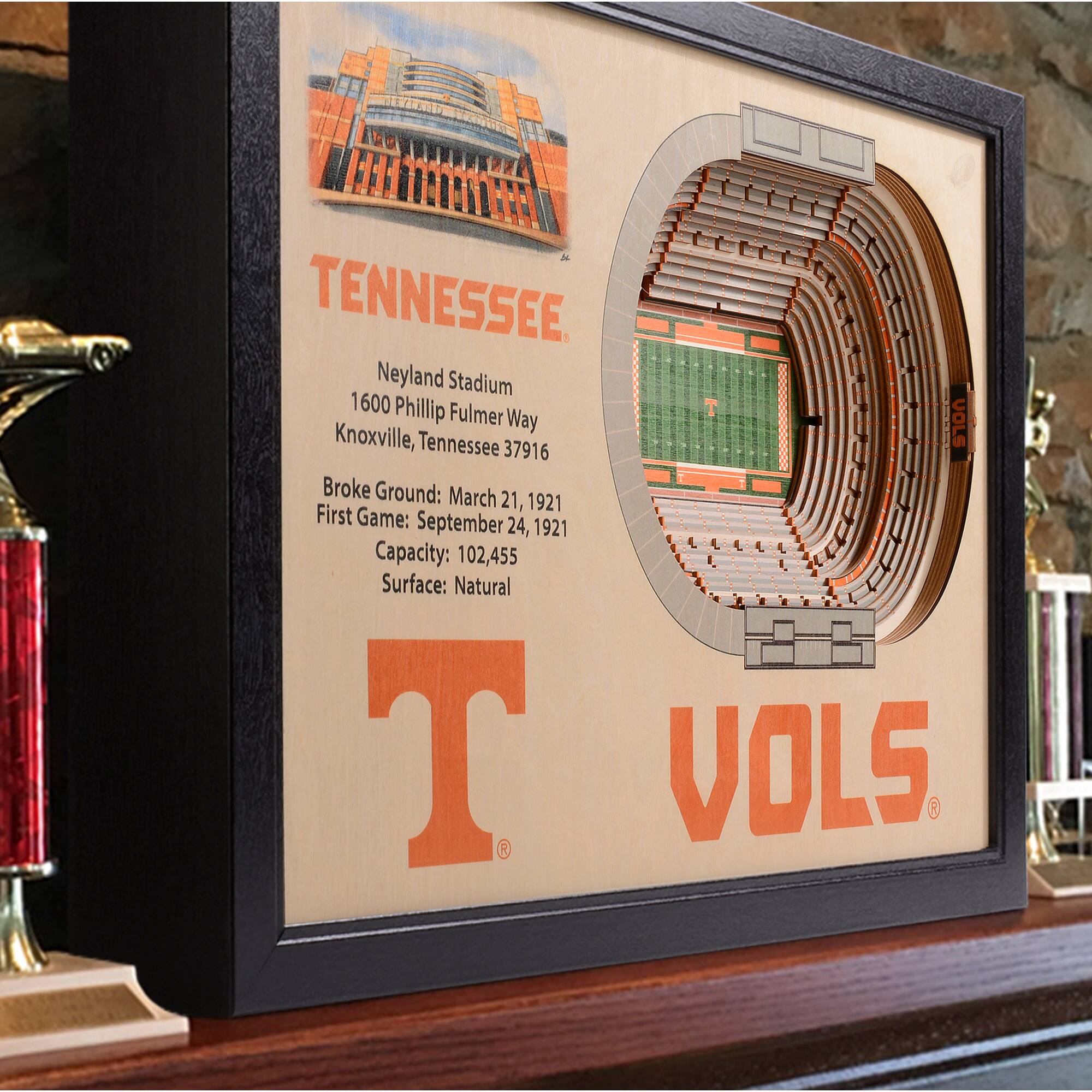 TENNESSEE  
Neyland Stadium  
1600 Phillip Fulmer Way  
Knoxville, Tennessee 37916  

Broke Ground: March 21, 1921  
First Game: September 24, 1921  
Capacity: 102,455  
Surface: Natural  

T  
VOLS