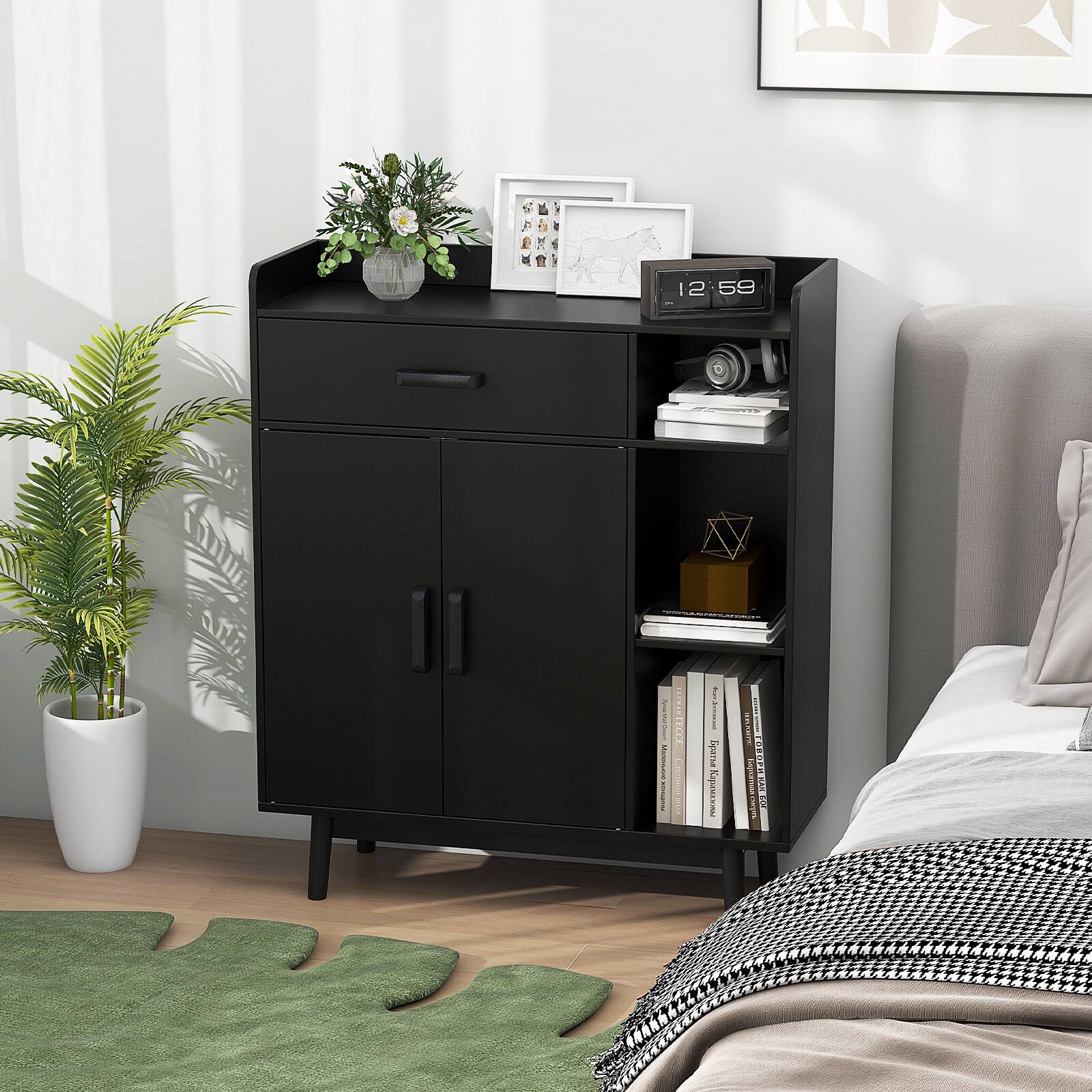 Alt View 3. Gymax - Gymax Floor Storage Cabinet Free Standing Cupboard Chest w/1 Drawer 2 Doors 3 Shelves - Black.