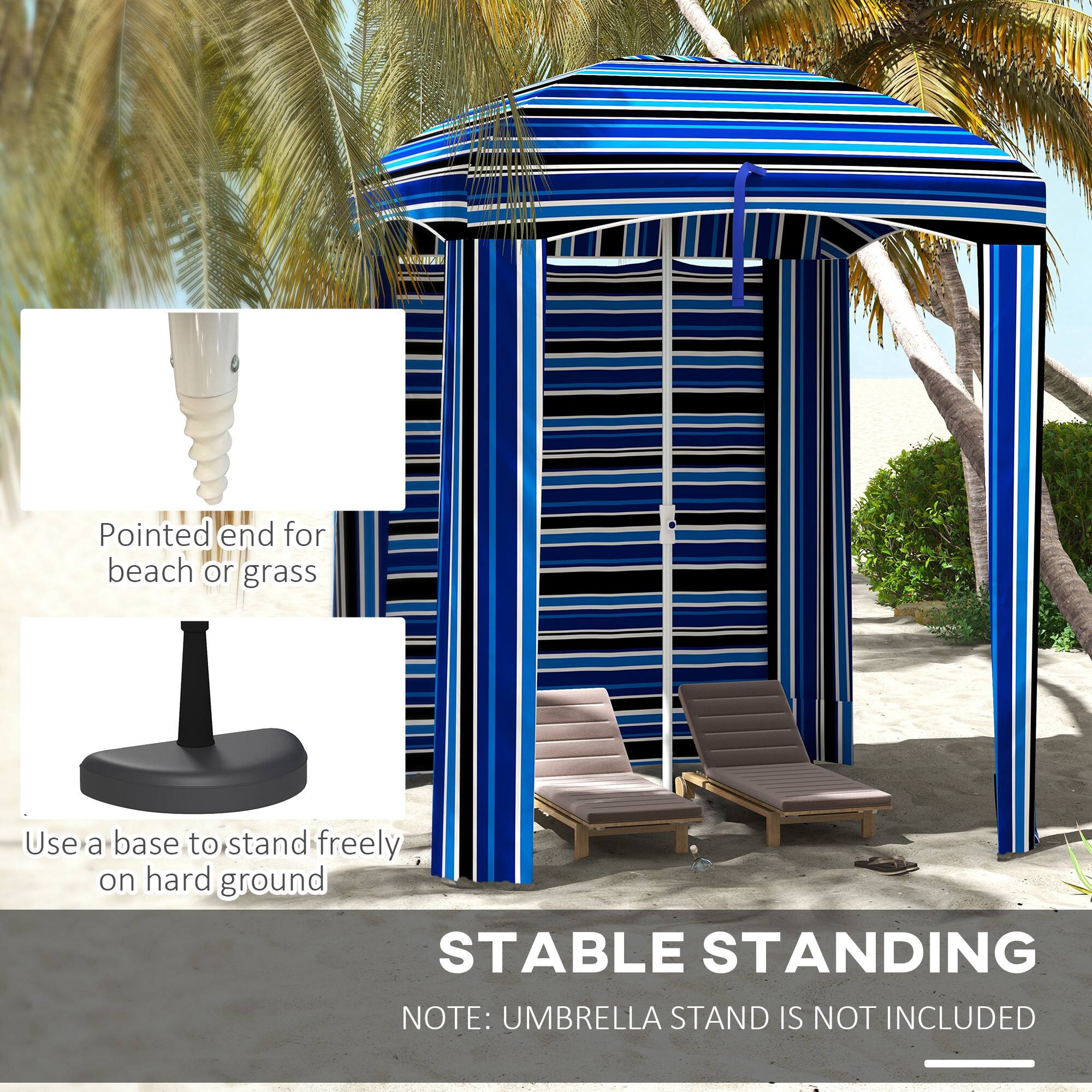Pointed end for beach or grass  
Use a base to stand freely on hard ground  

STABLE STANDING  
NOTE: UMBRELLA STAND IS NOT INCLUDED