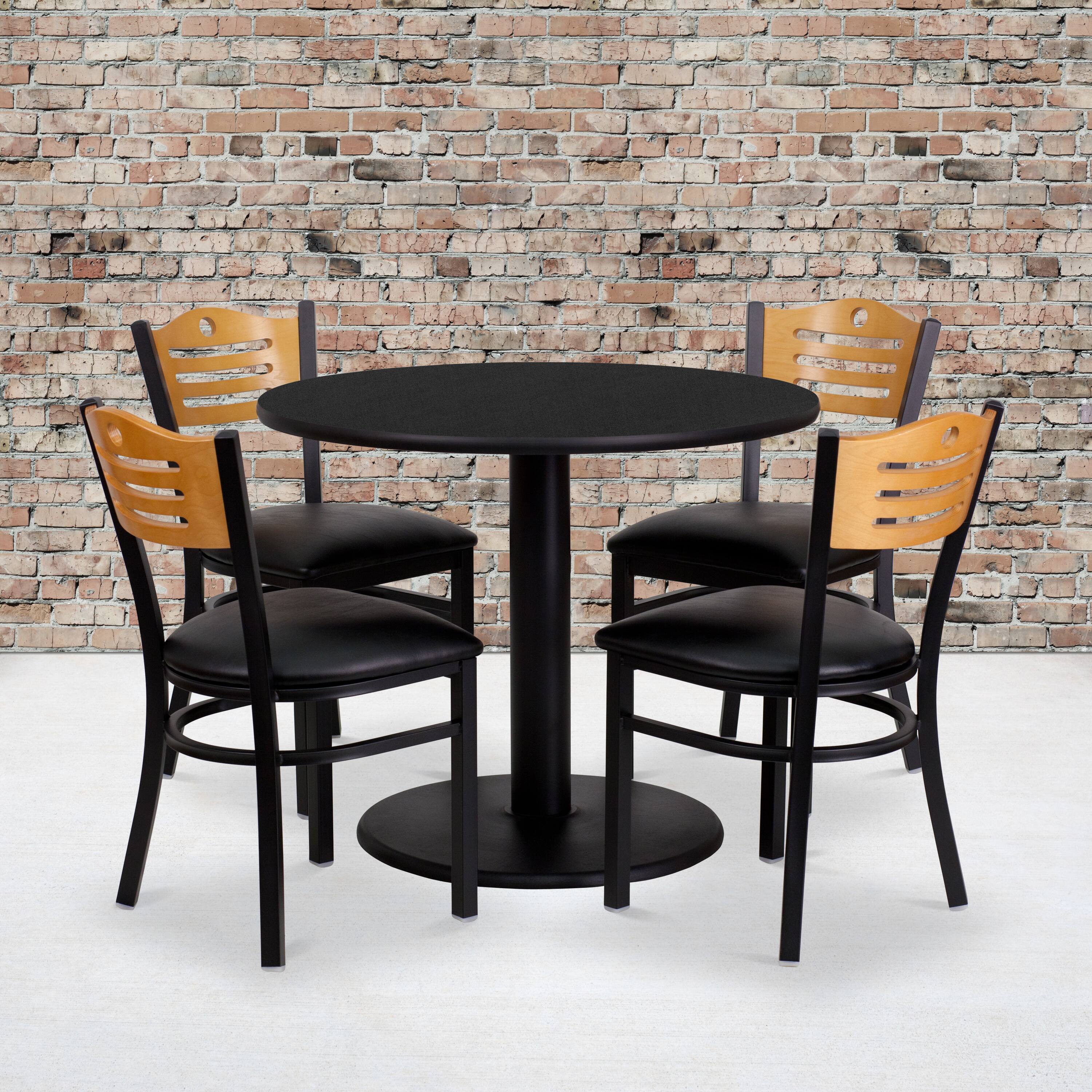 Alt View 1. Emma + Oliver - 36'' Round Laminate Table Set with 4 Wood Slat Back Metal Chairs - Black.