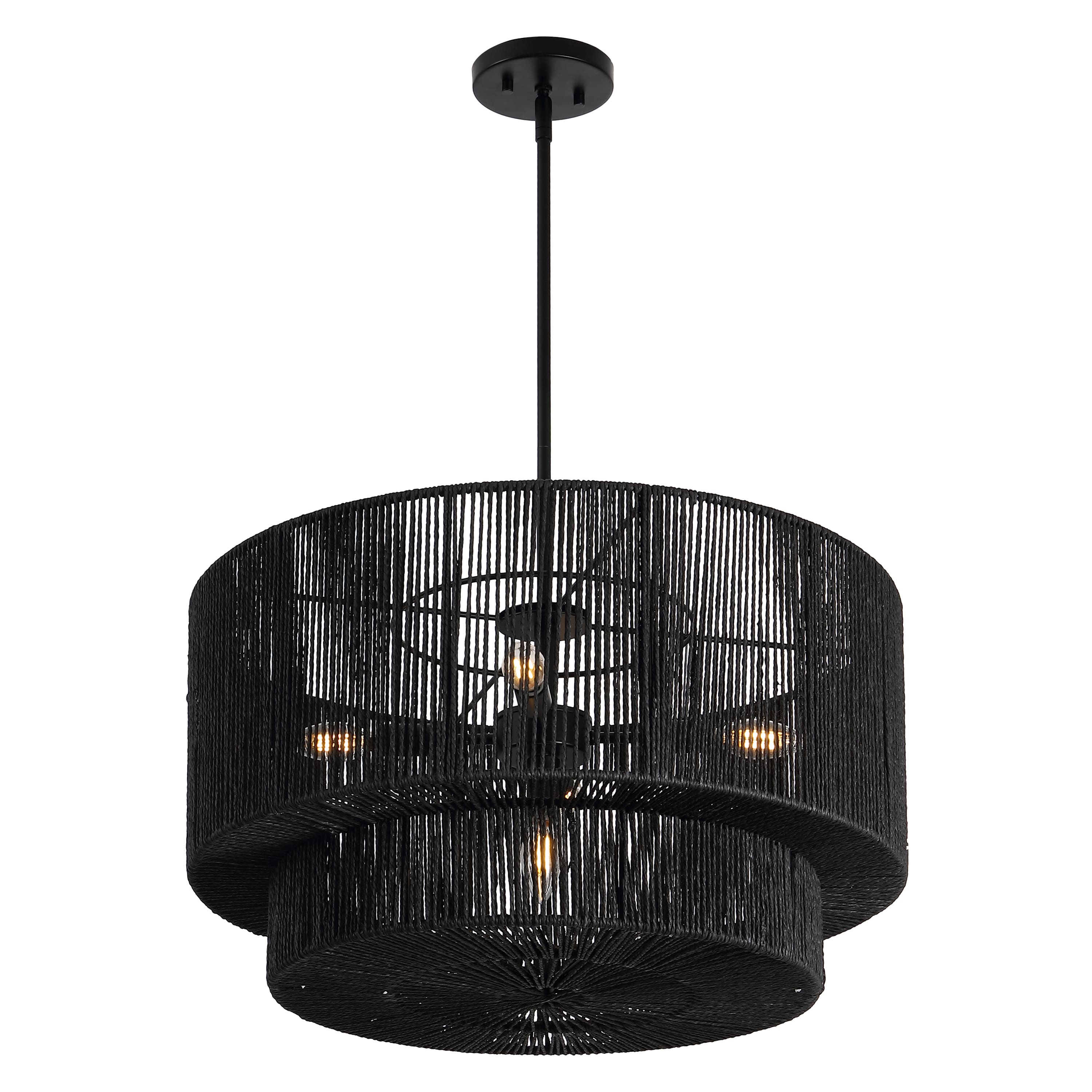 "Jonathan Y - Elliott 24"" 5-Light Coastal Adjustable Metal Hand-Woven Rattan-Look Paper Rope 2-Tier Drum LED Chandelier - Black" price history on PriceWatchPro