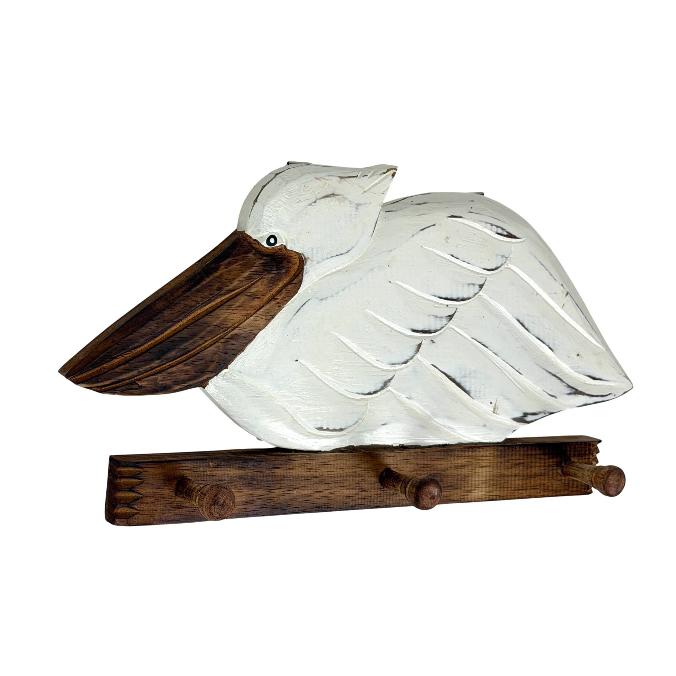 Front. Chesapeake Bay - Pelican Wall Hook Rack 3 Peg Weathered White Wood Coastal 15.75 Inch - White.
