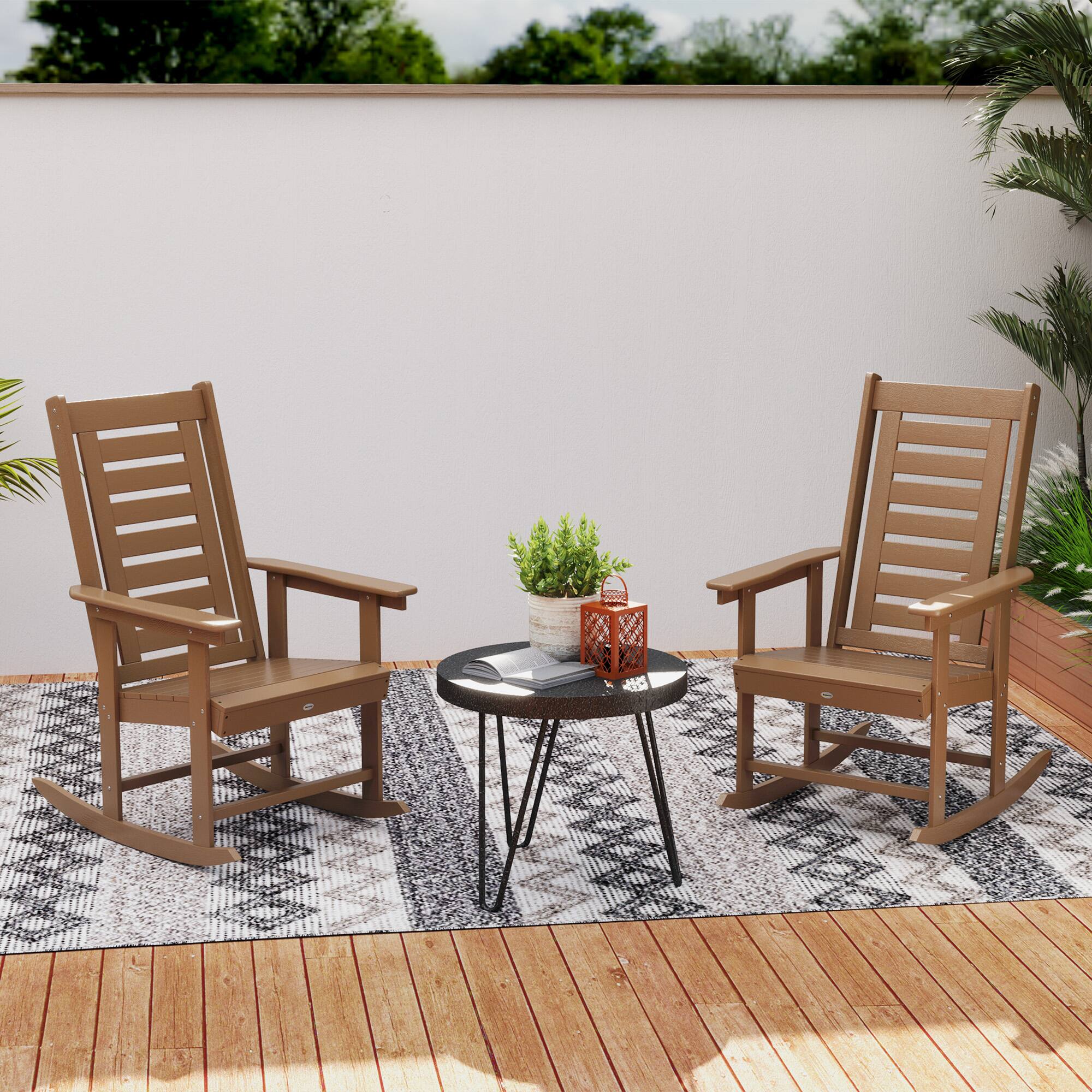 Alt View 1. Outsunny - Pieces Outdoor Rocking Chairs, HDPE Patio Rockers with 28" High Back - Brown.