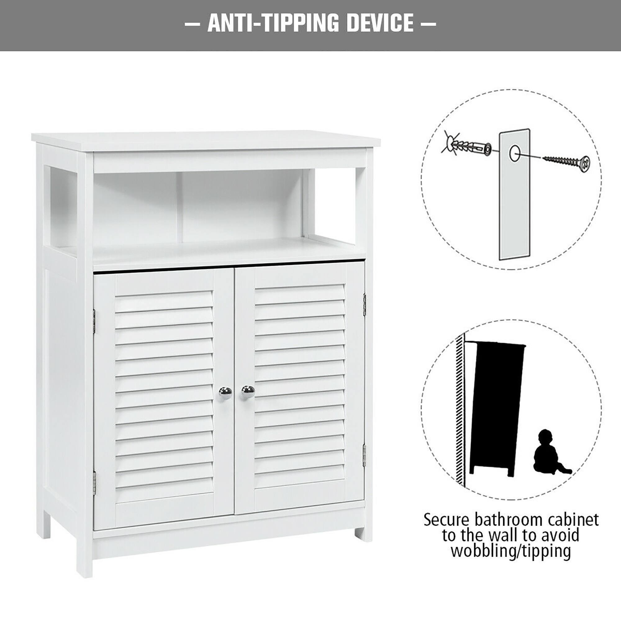 — ANTI-TIPPING DEVICE —

Secure bathroom cabinet to the wall to avoid wobbling/tipping
