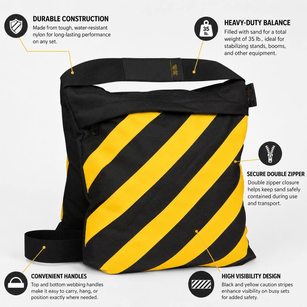 DURABLE CONSTRUCTION  
Made from tough, water-resistant nylon for long-lasting performance on any set.

HEAVY-DUTY BALANCE  
Filled with sand for a total weight of 35 lb., ideal for stabilizing stands, booms, and other equipment.

SECURE DOUBLE ZIPPER  
Double zipper closure helps keep sand safely contained during use and transport.

CONVENIENT HANDLES  
Top and bottom webbing handles make it easy to carry, hang, or position exactly where needed.

HIGH VISIBILITY DESIGN  
Black and yellow caution stripes enhance visibility on busy sets for added safety.