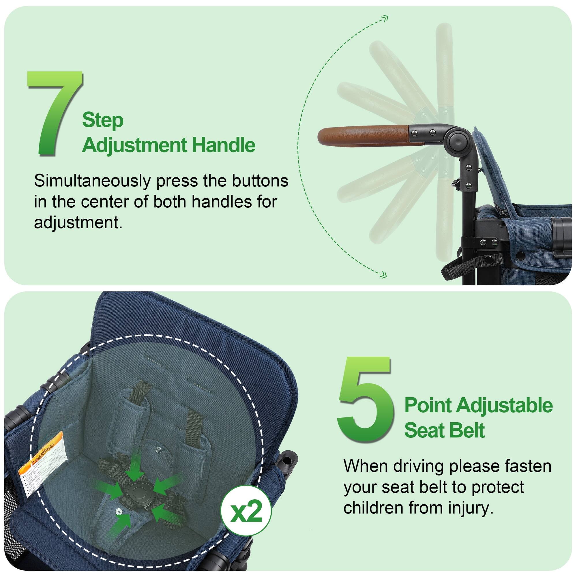 7 Step Adjustment Handle  
Simultaneously press the buttons in the center of both handles for adjustment.

5 Point Adjustable Seat Belt  
When driving please fasten your seat belt to protect children from injury.