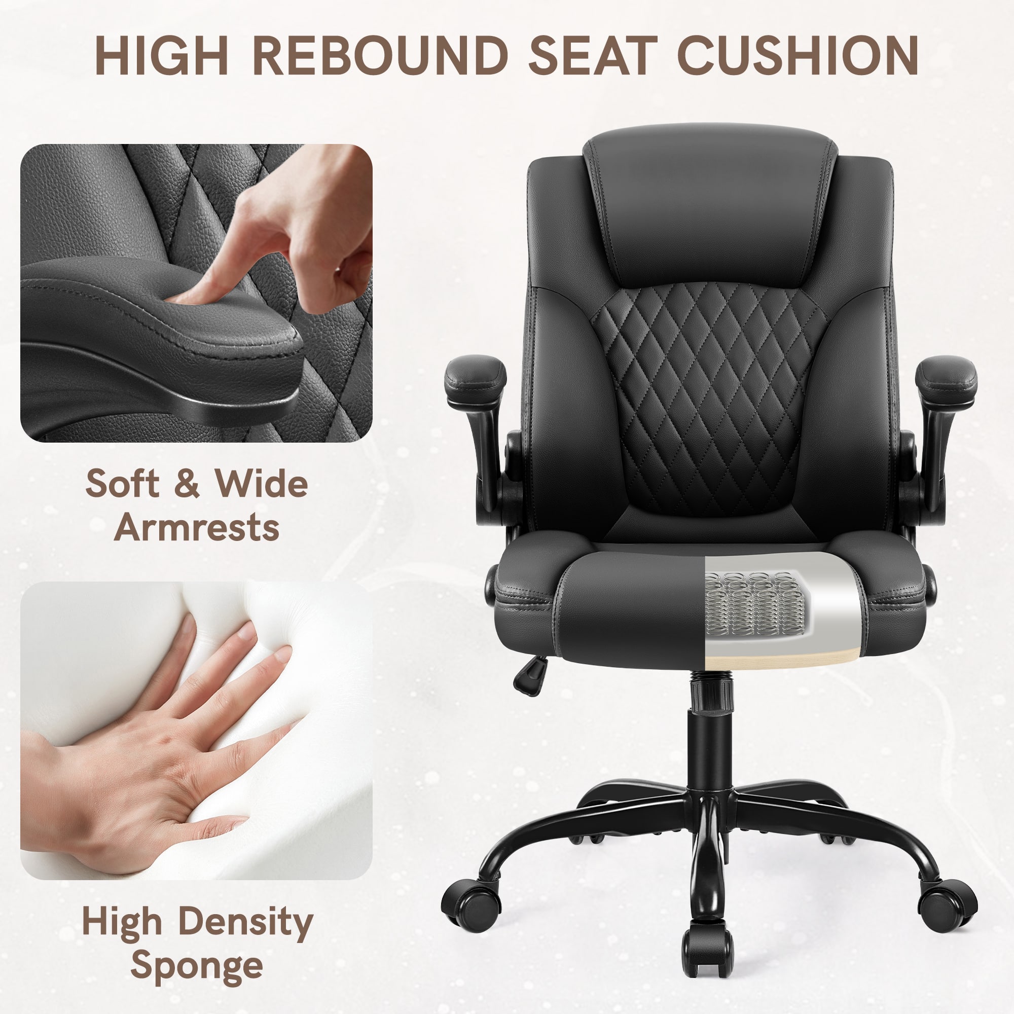 HIGH REBOUND SEAT CUSHION: High Density Sponge, Soft & Wide Armrests