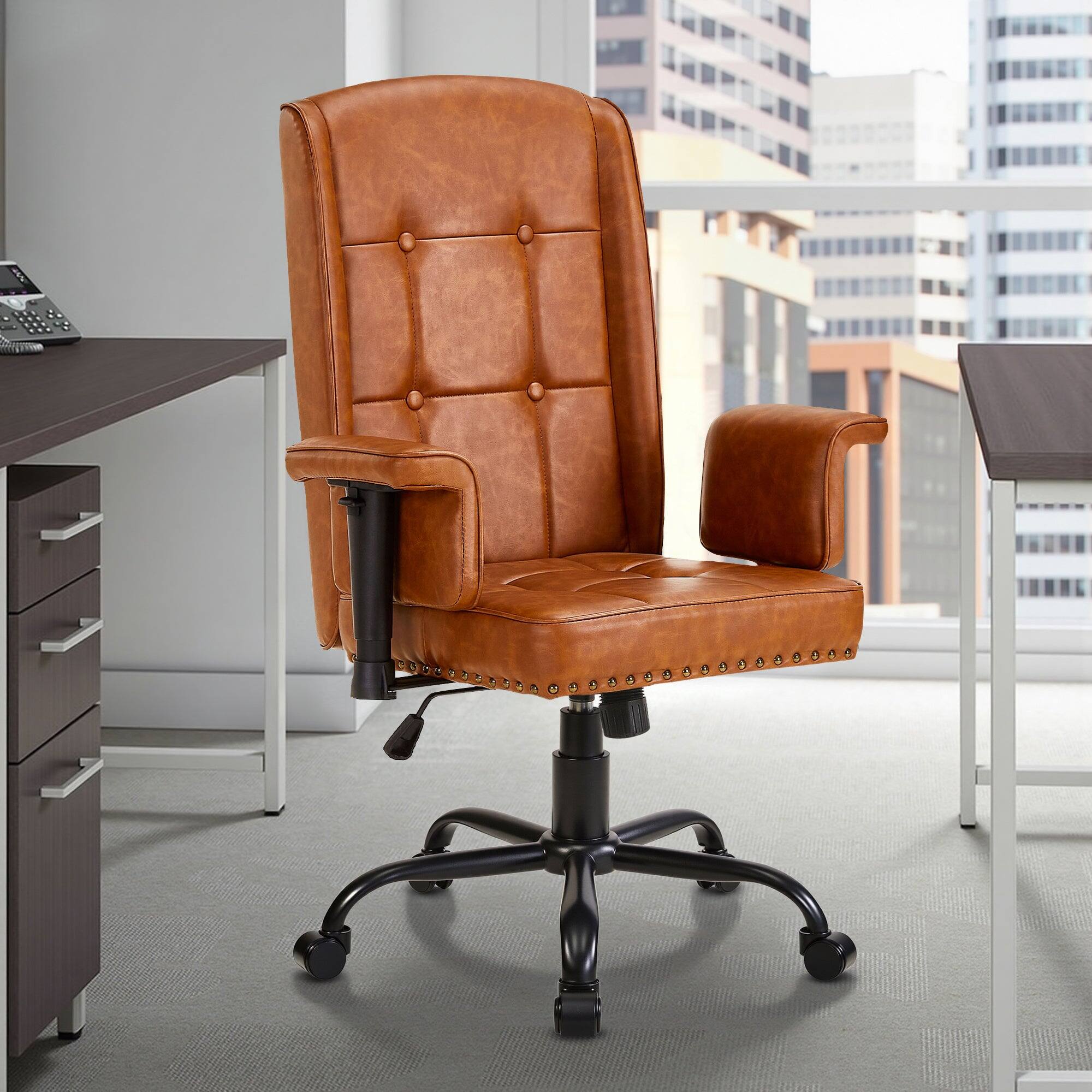 Front. Vecelo - Ergonomic High Back PU Leather Office Chair with Adjustable Armrests & Tilt Recline - Dark Brown.