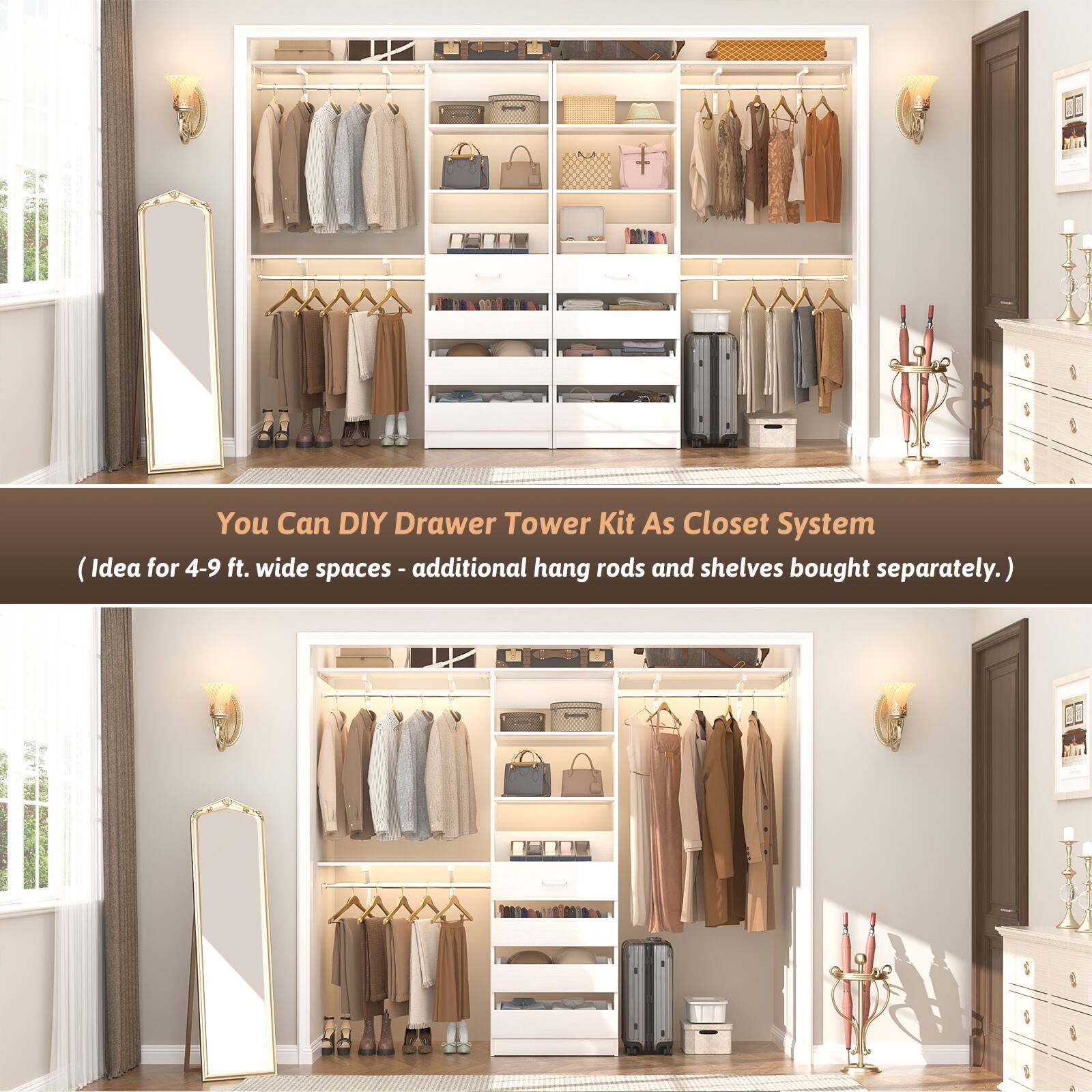 You Can DIY Drawer Tower Kit As Closet System  
(Idea for 4-9 ft. wide spaces - additional hang rods and shelves bought separately.)