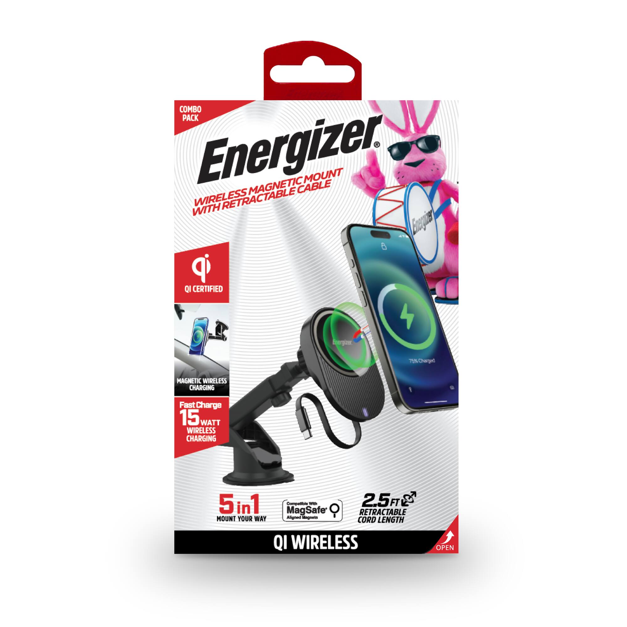 COMBO PACK Energizer MAGNETIC CABLE MOUNT WIRELESS RETRACTABLE ESS TABLE WITH BEGIR IP QI CERTIFIED. 77% Charged MAGNETIC WIRELESS CHARGING Fast Charge 15 WATT WIRELESS CHARGING 5in1 MOUNT YOUR WAY - - MagSafe - - 2.5 FT RETRACTABLE CORD LENGTH QI WIRELESS OPEN