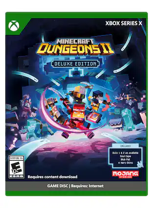 XBOX SERIES X
MINECRAFT DUNGEONS II
DELUXE EDITION
EVERYONE 10+
E 10+ ESRB
Requires content download
DLCs 1 & 2 as available
Soul Cape
Blub Pet
4 Hero Skins
MOJANG STUDIOS
GAME DISC | Requires: Internet - E10+ (Everyone 10+)