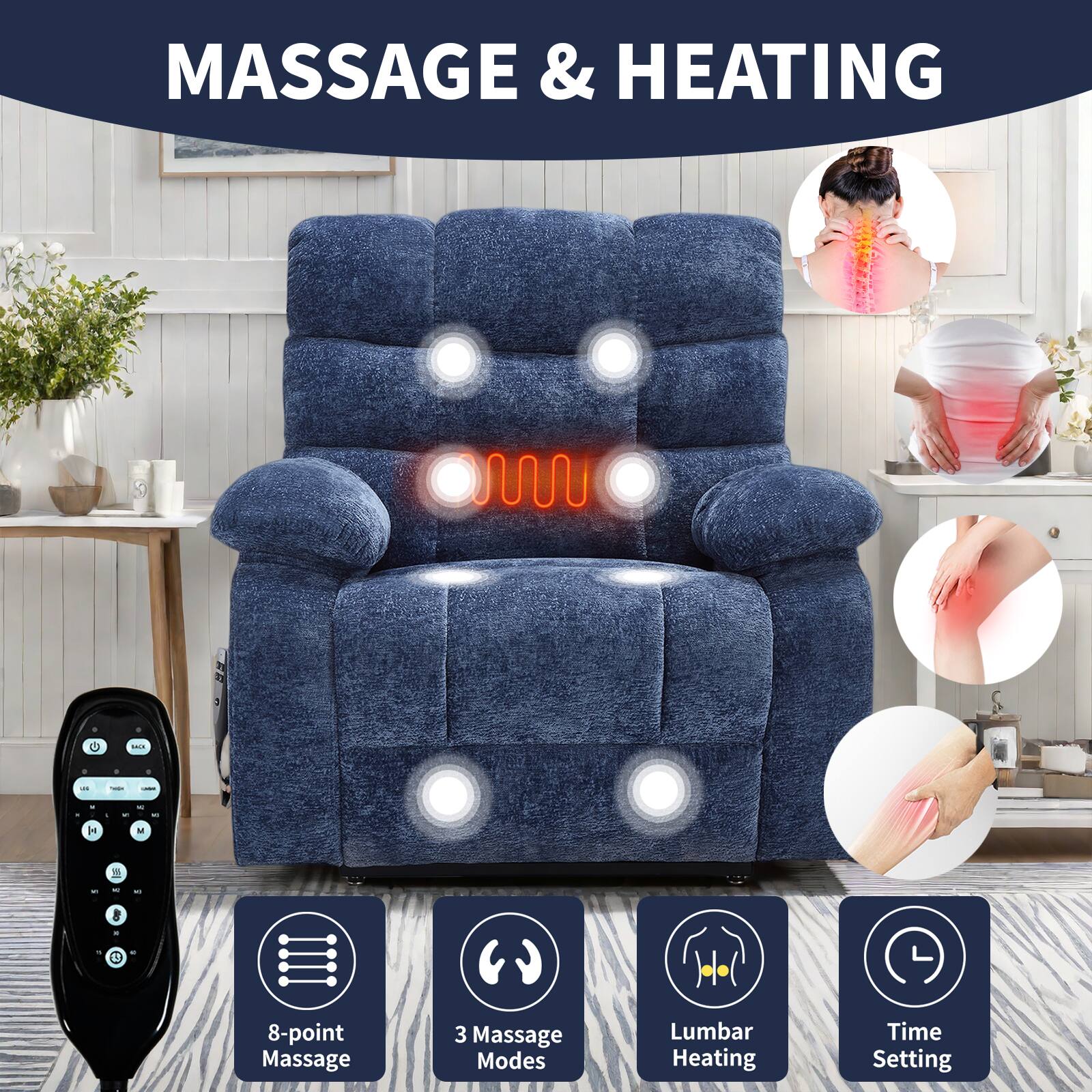 MASSAGE & HEATING

- 8-point Massage
- 3 Massage Modes
- Lumbar Heating
- Time Setting