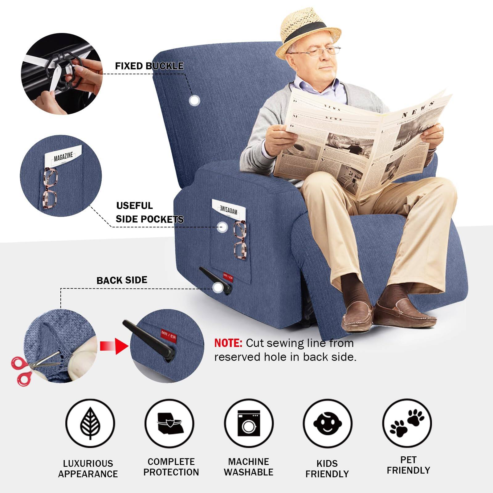 - Fixed Buckle
- Useful Side Pockets
- Back Side
  - Note: Cut sewing line from reserved hole in back side.
- Luxurious Appearance
- Complete Protection
- Machine Washable
- Kids Friendly
- Pet Friendly