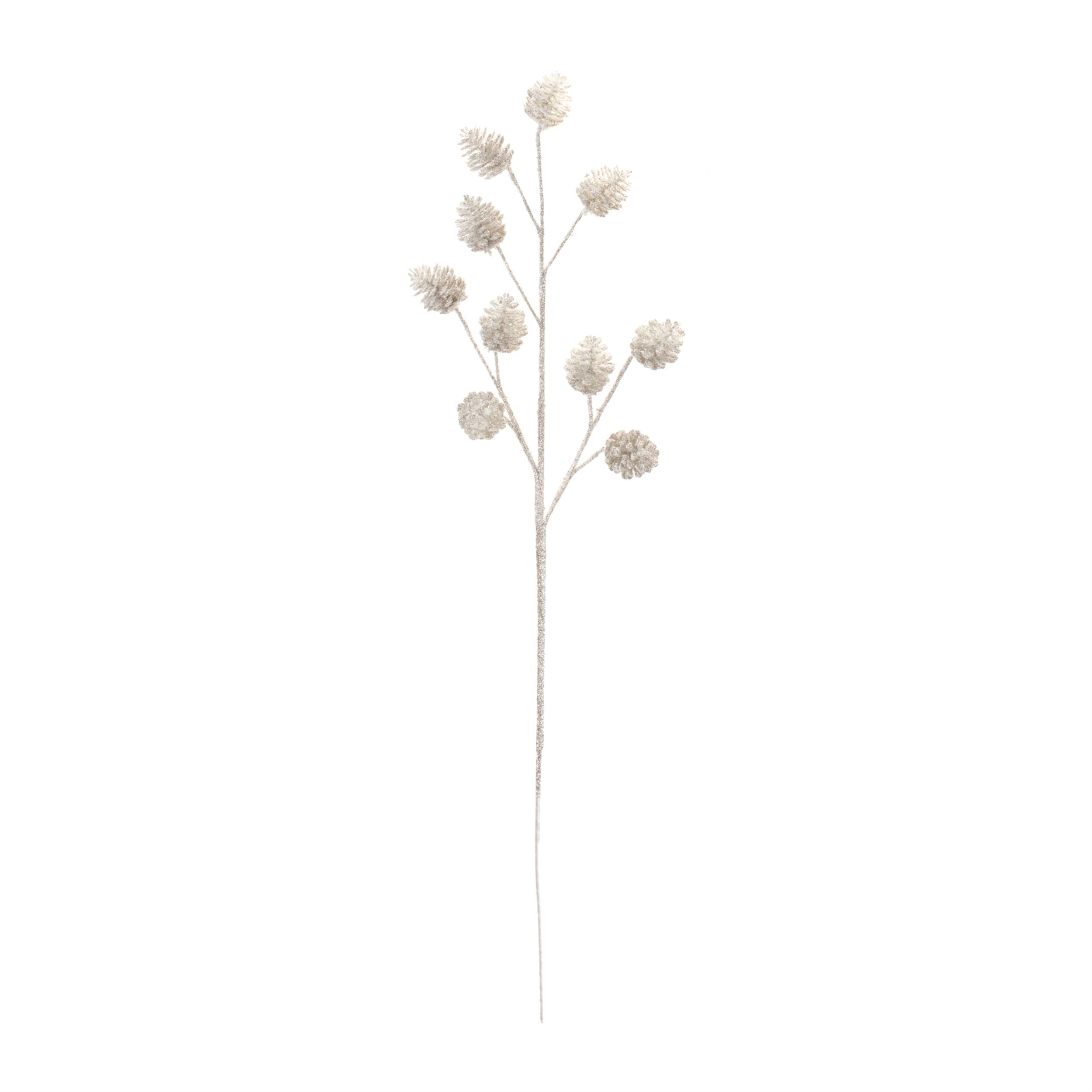 Angle. BreeBe - Glittered Silver Pinecone Spray (Set of 6) - Silver, White.