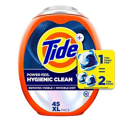 Tide Power-Pods  
Hygienic Clean  
Removes Visible + Invisible Dirt  

1 Tide Power-Pod = 2 Tide Pods  

45 XL Pacs