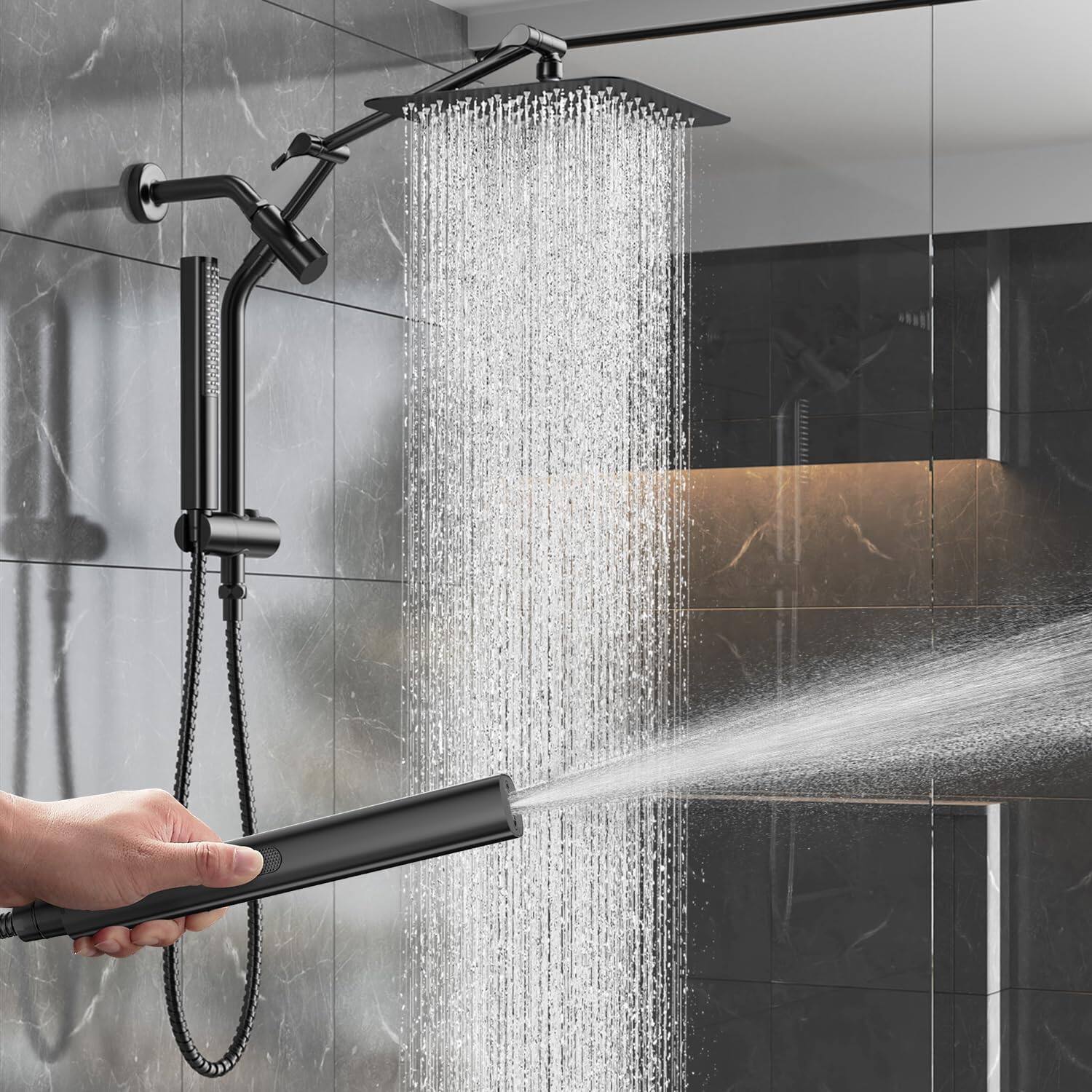 Paradigms Interiors - Luxurious All Metal Rain Shower Head With Handheld High Rainfall Heads Wih Extension Arm Wide Dual Showerhe - Matte Black-2.5GPM with 11 Inch Extention Arm