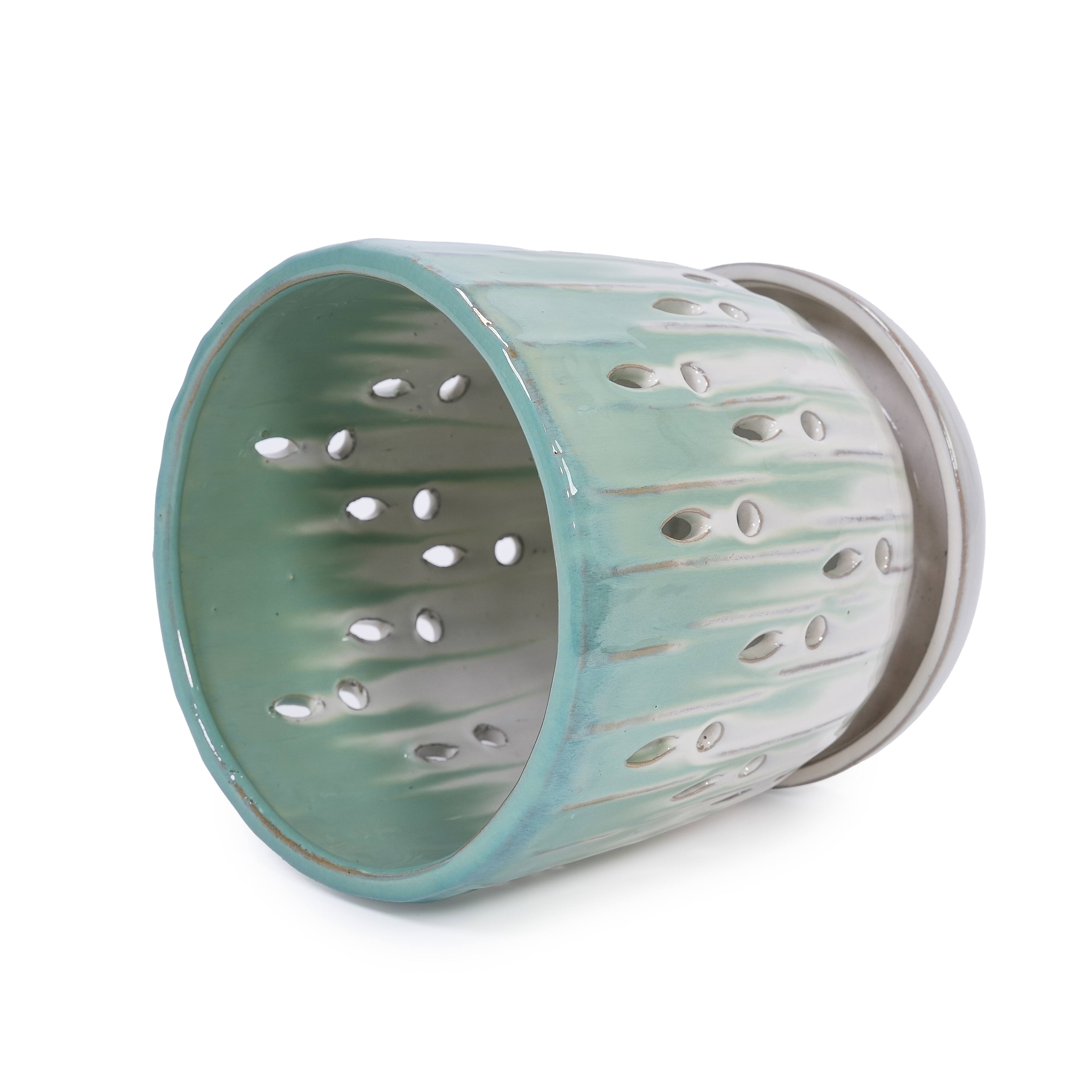 Alt View 8. Loheer - Ceramic Planter Set Loheer Handmade Green White Pots with Drainage Saucers for Orchids Succulents Indoor Outdoor.