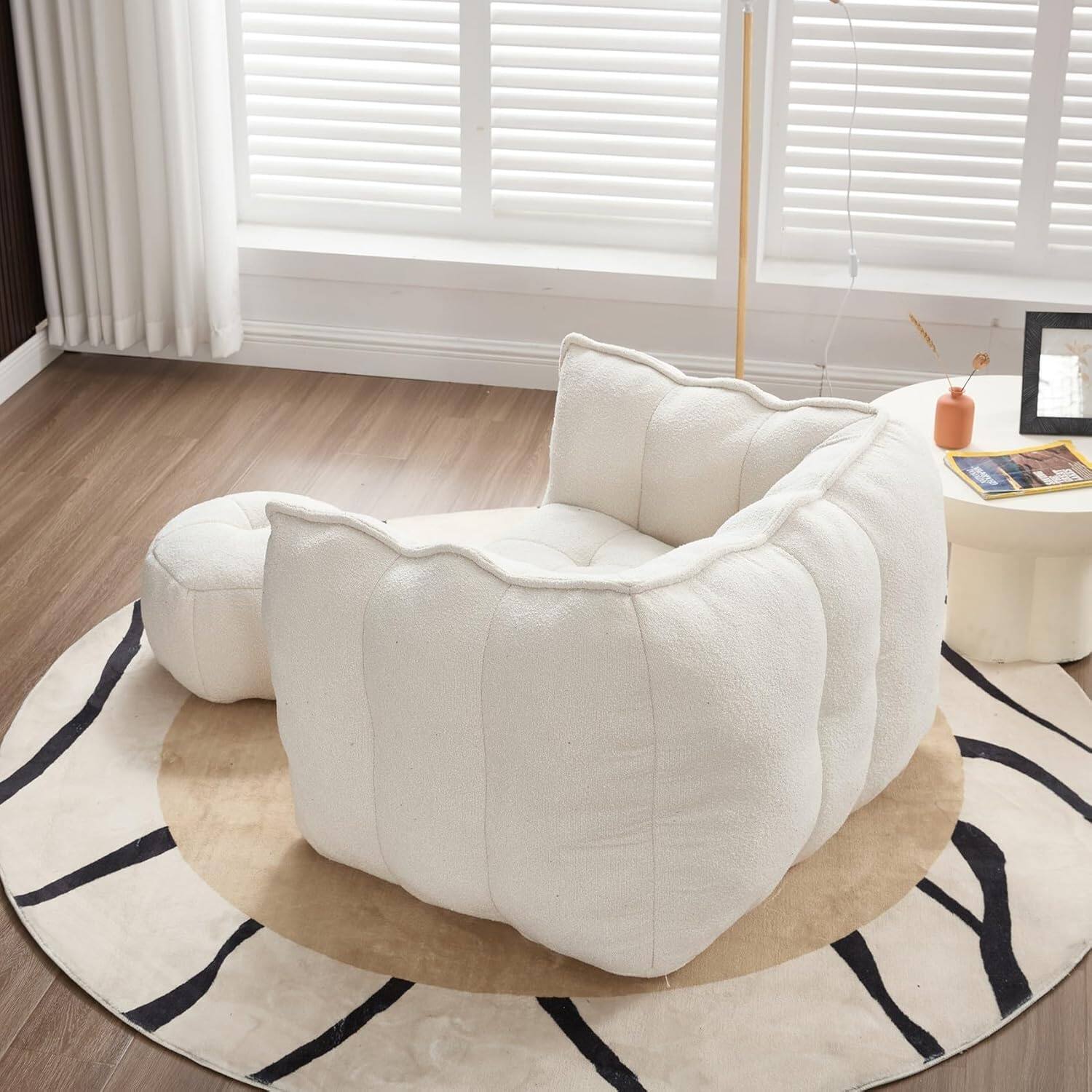 Trinkets Crazed - Chenille Giant Bean Bag Sleeper Chair with Ottoman, Adults and Kids Lazy Floor Sofa Couch - beige - Thumbnail 4