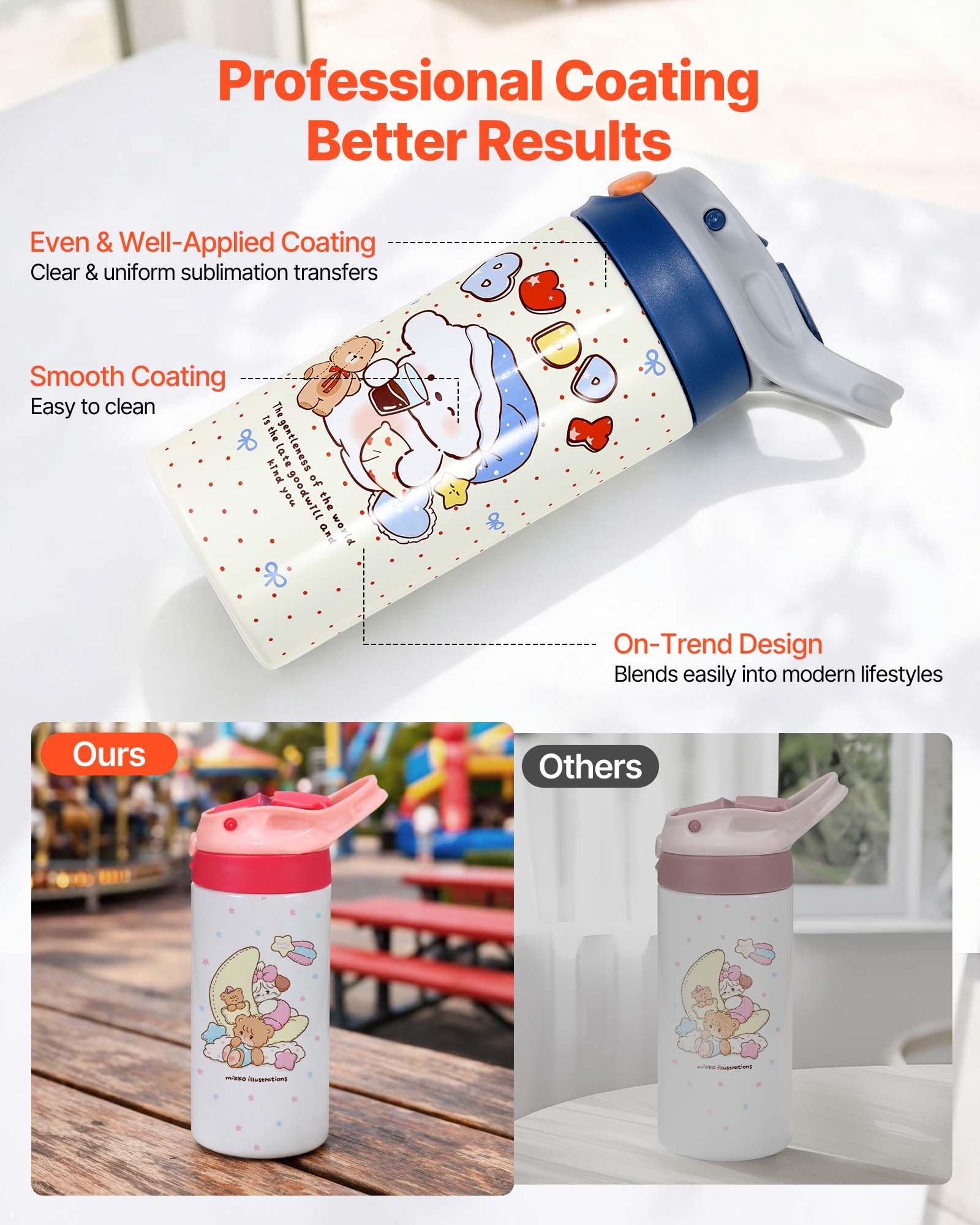 Professional Coating  
Better Results

Even & Well-Applied Coating  
Clear & uniform sublimation transfers

Smooth Coating  
Easy to clean

On-Trend Design  
Blends easily into modern lifestyles

Ours

Others