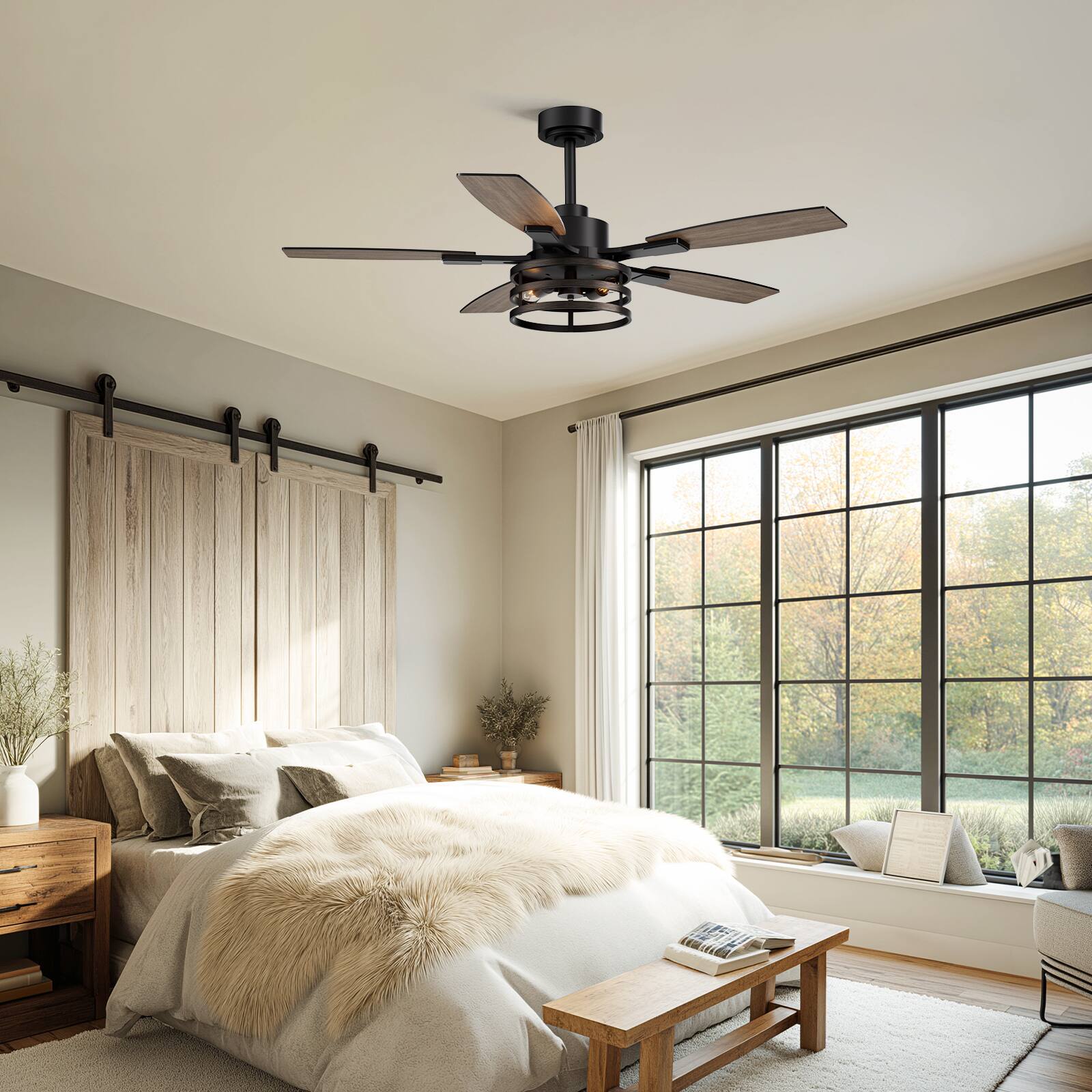 Alt View 1. Siljoy - 52 Inch Farmhouse Cage Ceiling Fan with Light 5 Walnut or Black Blades Remote for Bedroom Living Room Patio - Brown.