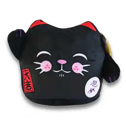 Front. Maneki Neko - Maneki Neko Printed Cushion Soft Velboa 8 inch / 20cm x 21cm Black Closed Eye.