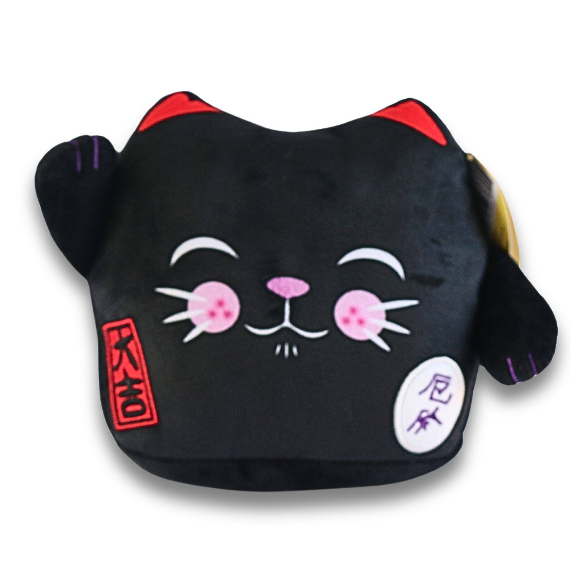 Front. Maneki Neko - Maneki Neko Printed Cushion Soft Velboa 8 inch / 20cm x 21cm Black Closed Eye.
