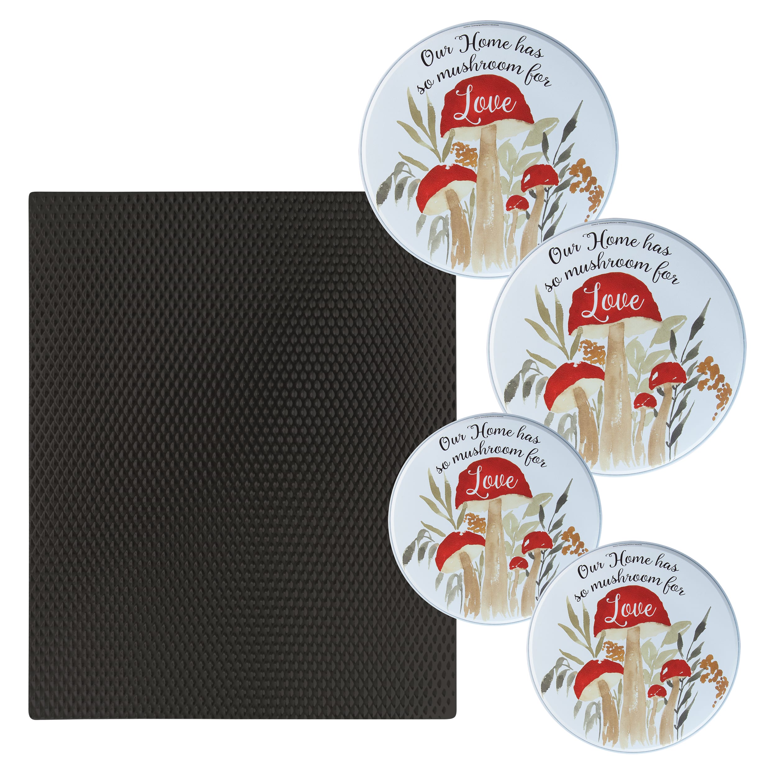 Range Kleen - 5-Piece 17 x 20-inch Black Matte Counter Mat and 4-pk Mushroom Love Burner Covers