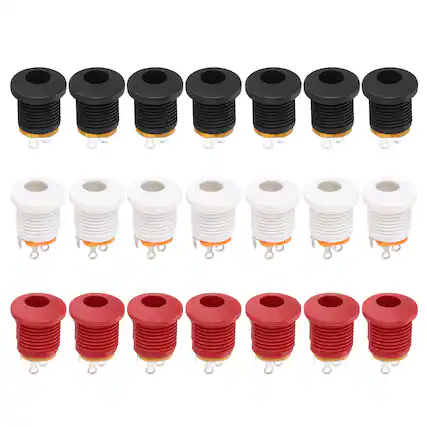Front. Unique Bargains - 30pcs DC5521 5.5x2.1mm 30V 0.5A 3Pin Female Jack with Dust Plug for Guitar/Car Audio/Power Supply - Black, Red, White.