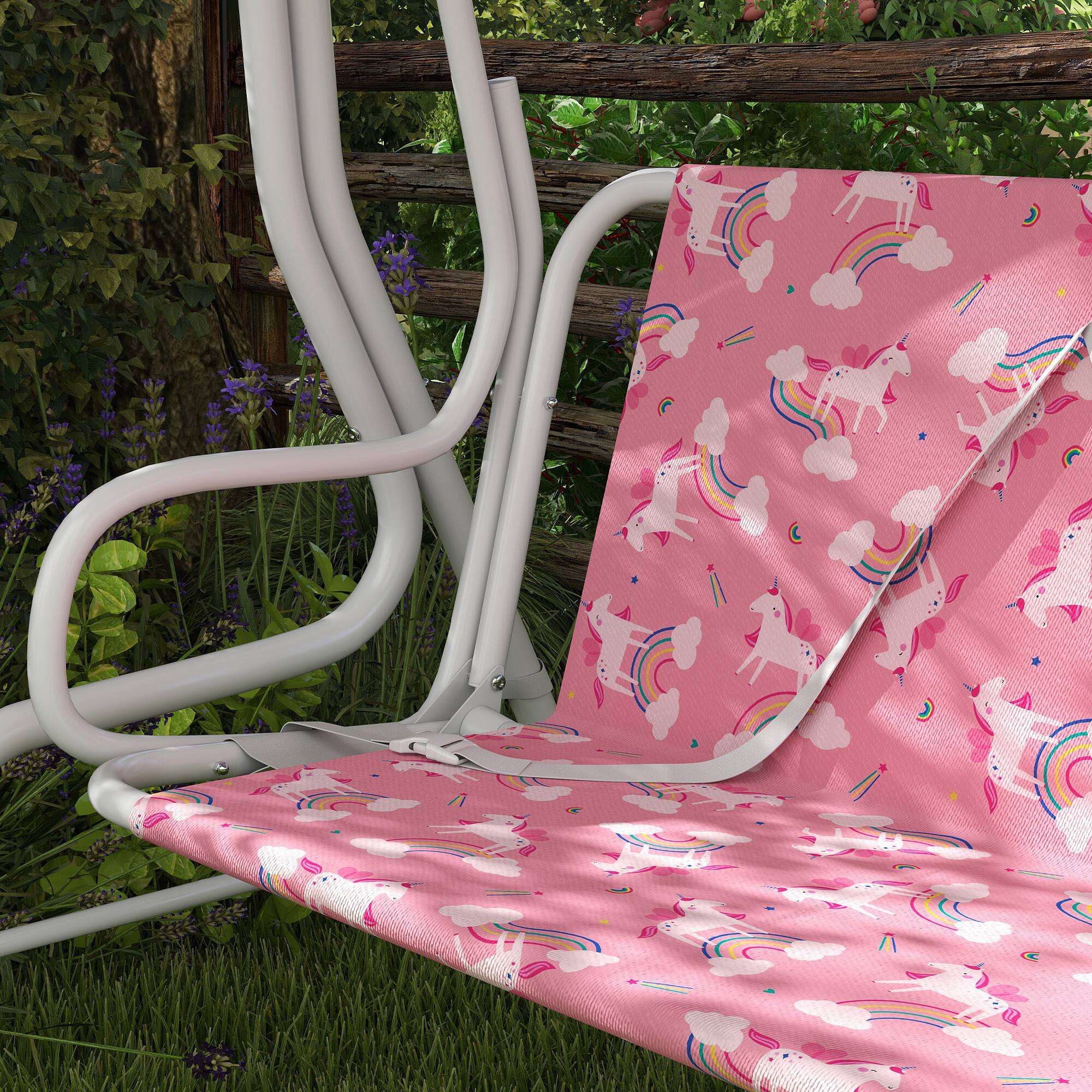 Alt View 7. Qaba - Kids Porch Swing, 2-Seater Patio Swing Bench with Safety Belts, Adjustable Canopy for Backyard - Pink.
