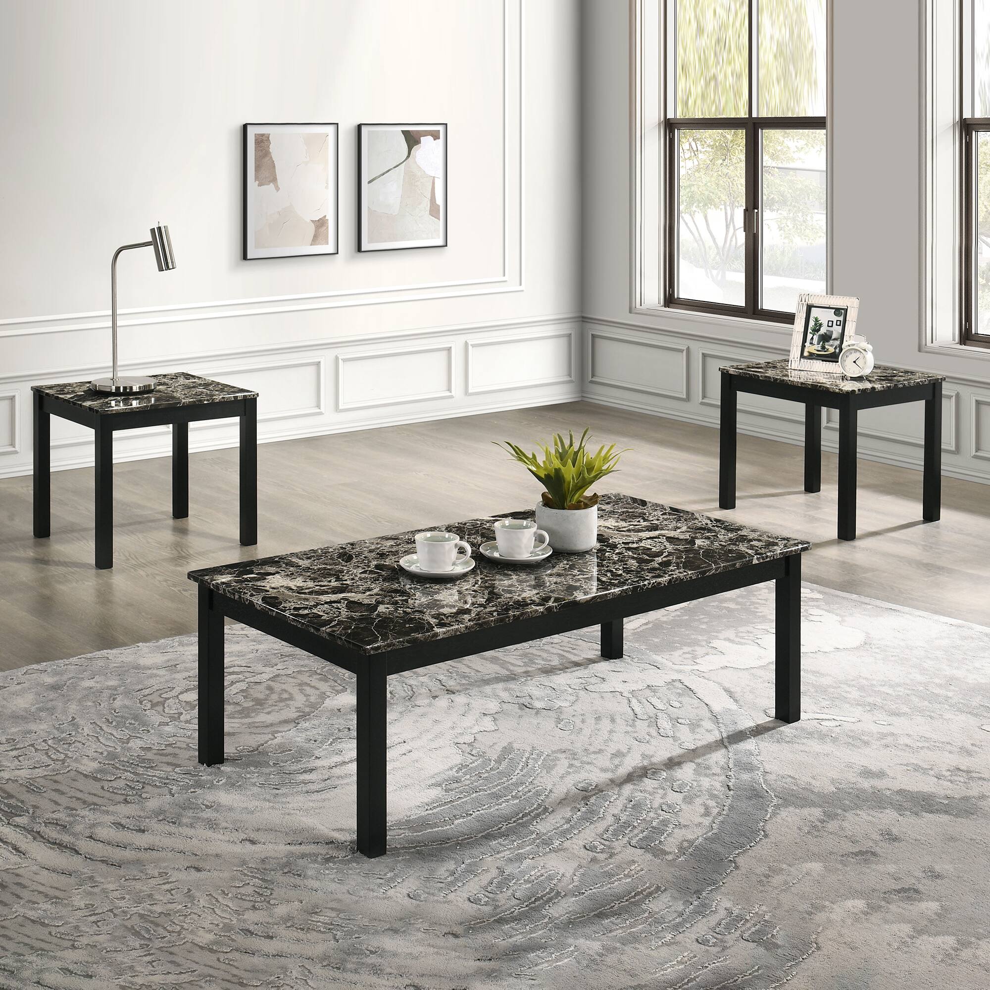 Left. Vaczon - 3-Piece Table Set Solid Wood Legs, Modern Coffee Table with 2 End Tables - Black & White.