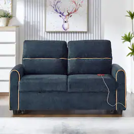 LUCKY ONE - 58" Chenille Pull-Out Sleeper Loveseat Sofa Bed w/ Adjustable Backrest 4 Pockets USB - Blue