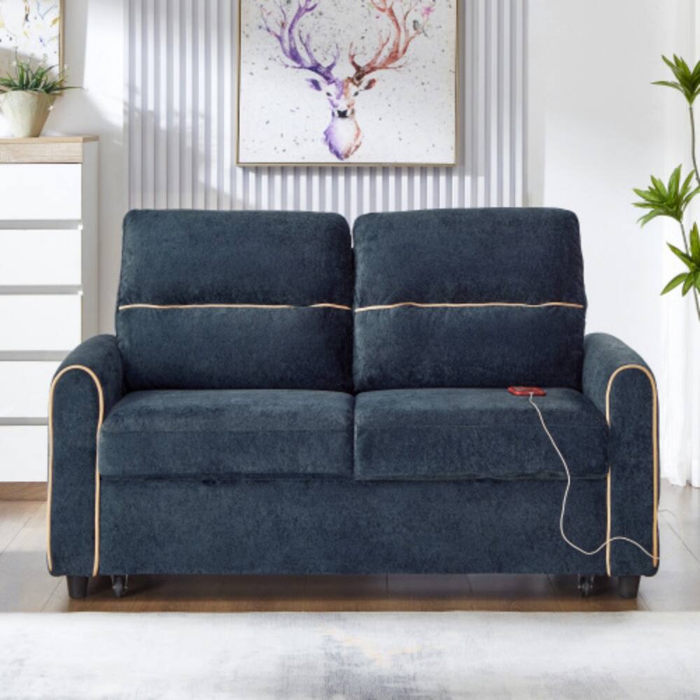 Front. LUCKY ONE - 58" Chenille Pull-Out Sleeper Loveseat Sofa Bed w/ Adjustable Backrest 4 Pockets USB - Blue.