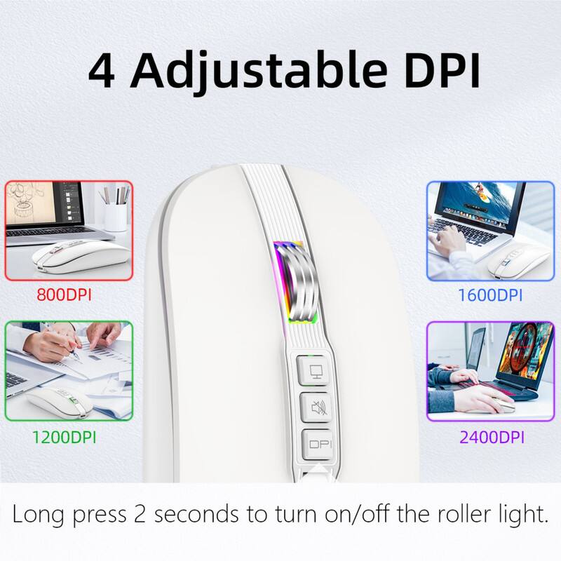 4 Adjustable DPI  
800DPI 1600DPI 1200DPI 2400DPI  
Long press 2 seconds to turn on/off the roller light.