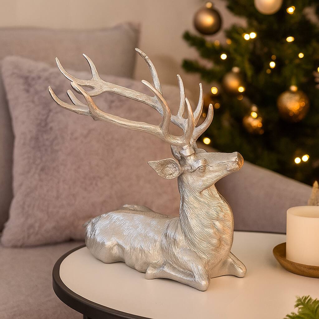 Angle. BreeBe - Indoor Christmas Decoration Aluminum Reindeer Statue Accent - Silver.