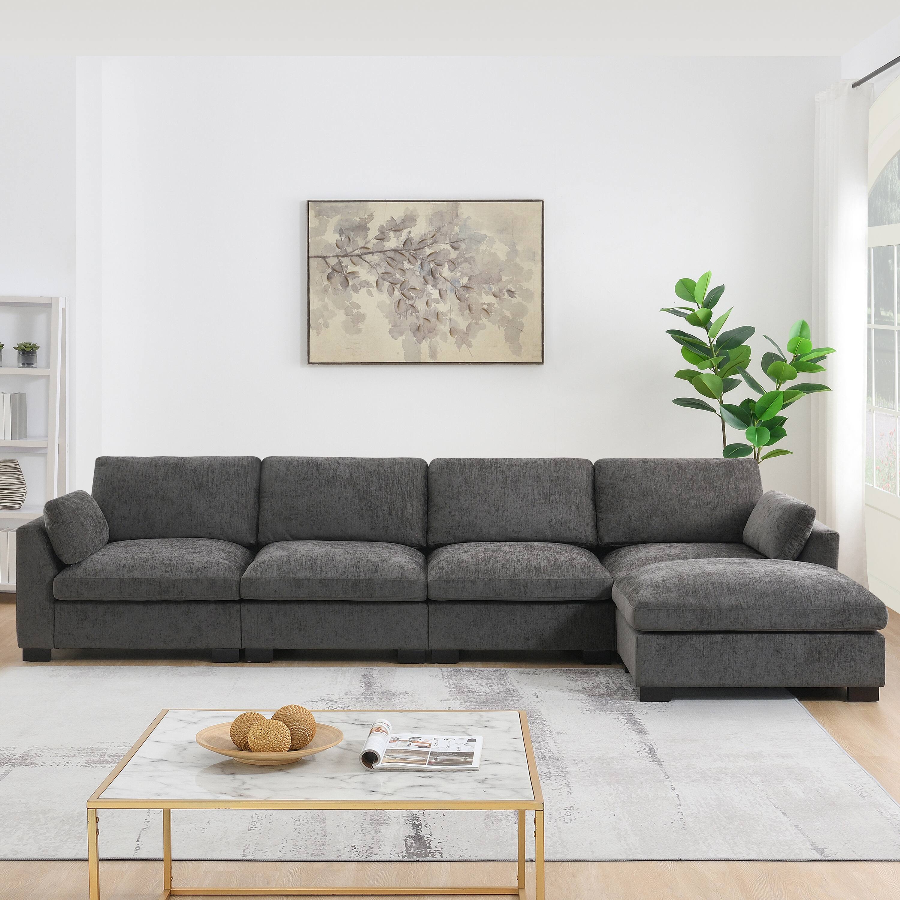 Angle. Whisen - 130" Modular L-Shape Sectional Sofa with Ottoman & Folding Table for Living Room - Charcoal.