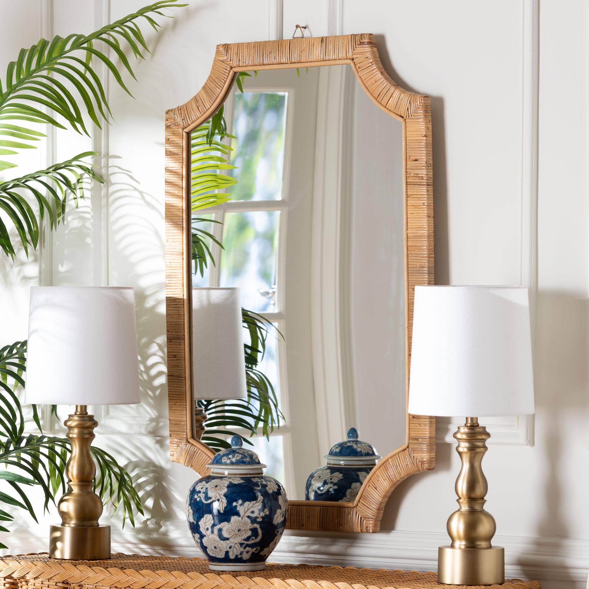 Left. bali & pari - Thiago Natural Rattan Wall Mirror - Handwoven Wicker Rectangle Mirror with Scalloped Corners, Coastal Boho Wall Décor - Honey.