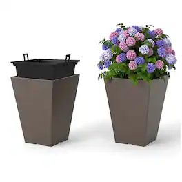 Costway - 14" Square Taper Planter Set of 2 with Removable Inner Bucket & Drainage Holes - Brown