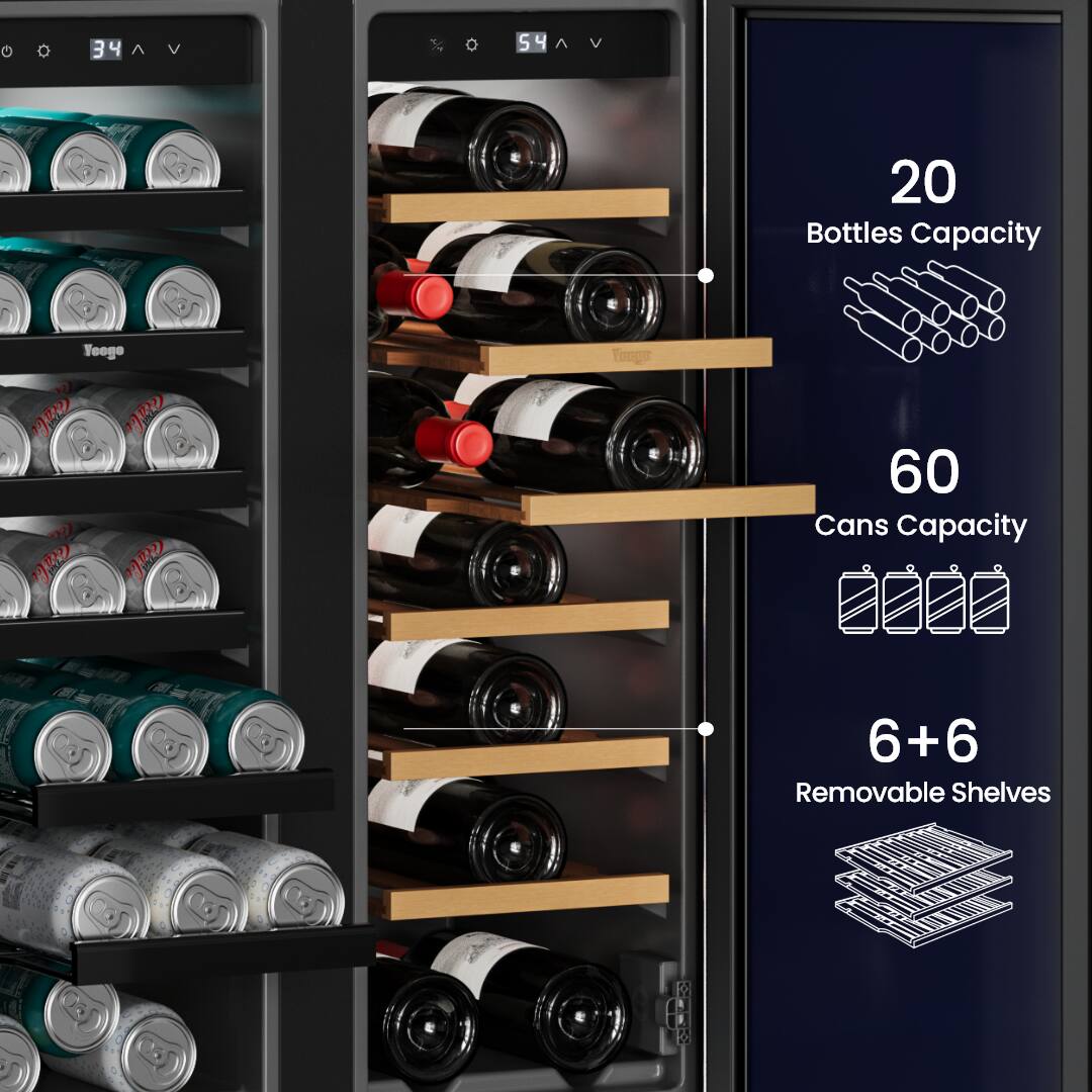 O 34 V 54 V 20 Bottles Capacity 60 Cans Capacity 6+6 Removable Shelves