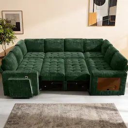 Vipbear - 8 Seat U Shaped Modular Chenille Sofa, with Pull Out Bed, Reclining Backrest, Storage Seat, USB Ports, Table, LED Light - Green