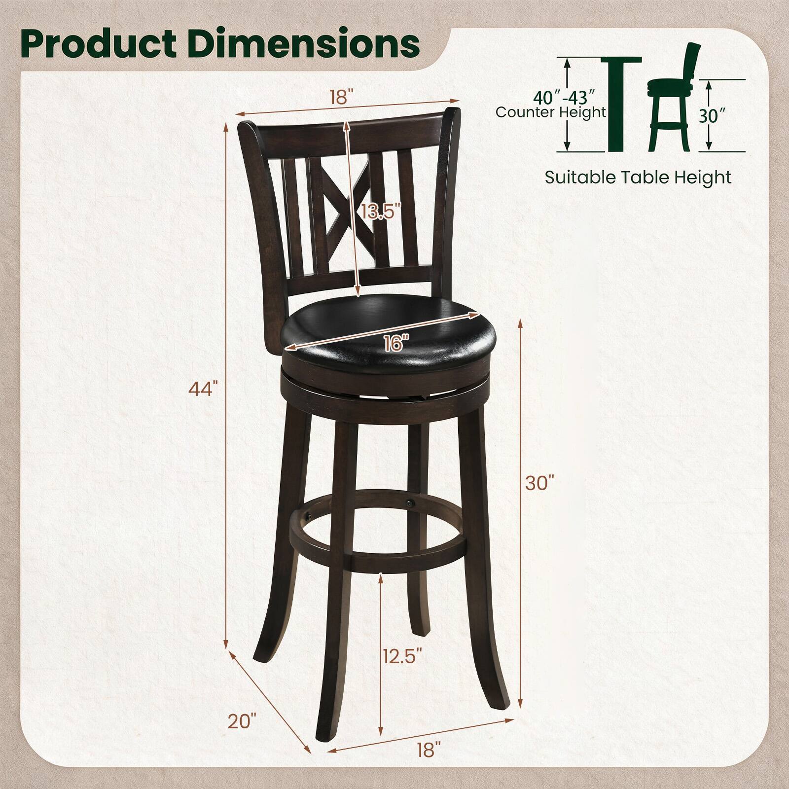 Product Dimensions

18"  
40"-43" Counter Height  
30"  
13.5"  
Suitable Table Height  
16"  
44"  
30"  
12.5"  
20"  
18"