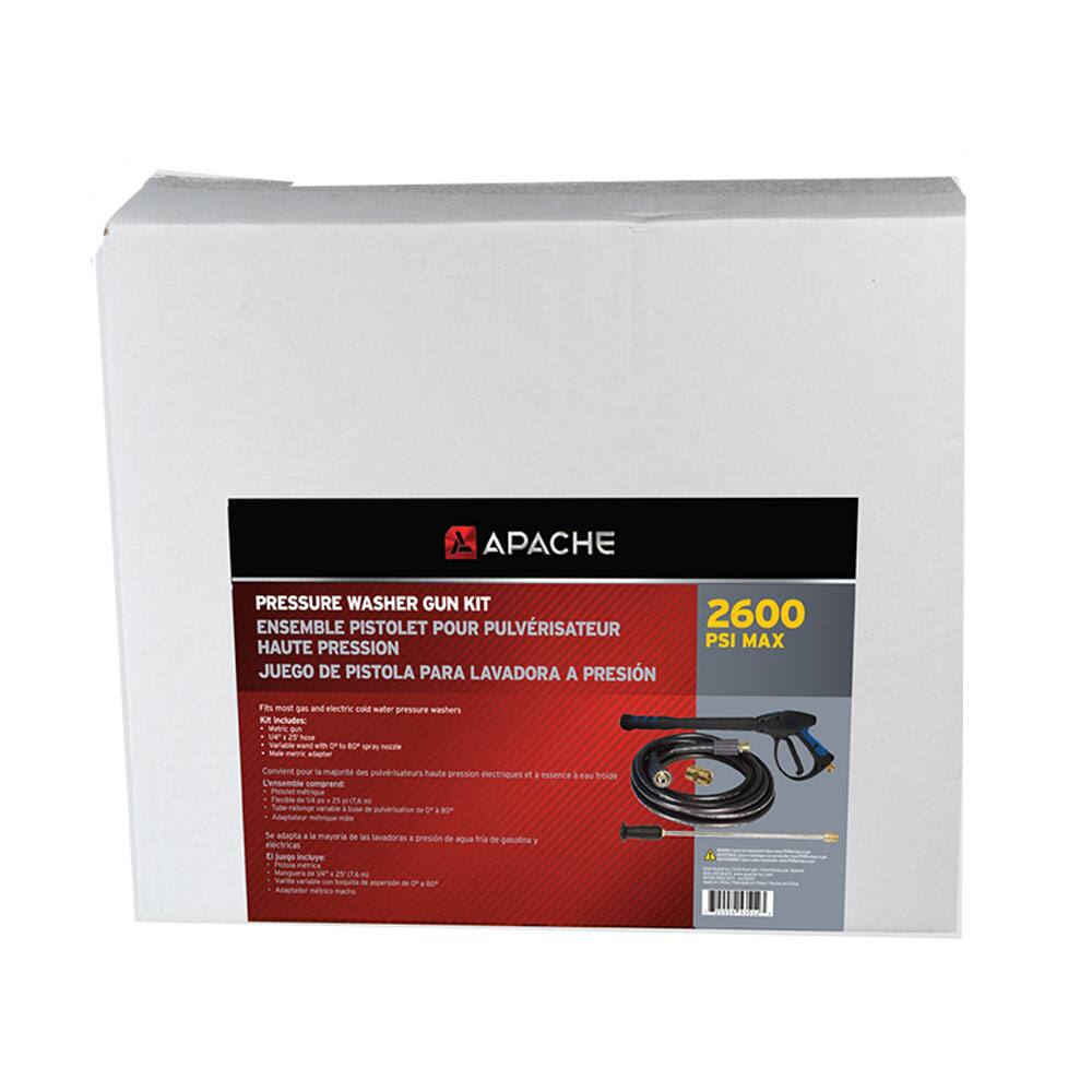 Sure, here is the corrected and grouped text from the image:

---

**APACHE**

**PRESSURE WASHER GUN KIT**  
**ENSEMBLE PISTOLET POUR PULVRISEUR**  
**HAUTE PRESSION**  
**JUEGO DE PISTOLA PARA LAVADORA A PRESIÓN**  
**LAVAGEUR À PISTOLET À HAUTE PRESSION**

**2600 PSI MAX**

Fits most gas and electric cold water pressure washers.  
Kit includes:  
- 1 - 25 ft. (7.6 m) hose  
- 1 - 25 ft. (7.6 m) hose  
- 1 - 25 ft. (7.6 m) hose  
- 1 - 25 ft. (7.6 m) hose  
- 1 - 25 ft. (7.6 m) hose  
- 1 - 25 ft. (7.6 m) hose  
- 1 - 25 ft. (7.6 m) hose  
- 1 - 25 ft. (7.6 m) hose  
- 1 - 25